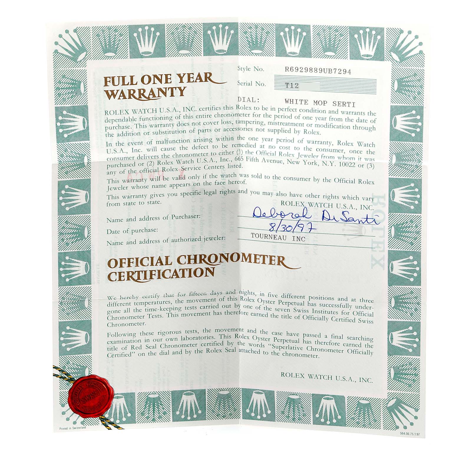 This image shows the full warranty and official chronometer certification for a Rolex Pearlmaster 69298 Women's Yellow Gold Mother of Pearl Dial 69298 Women's Yellow Gold Mother of Pearl Dial model watch.