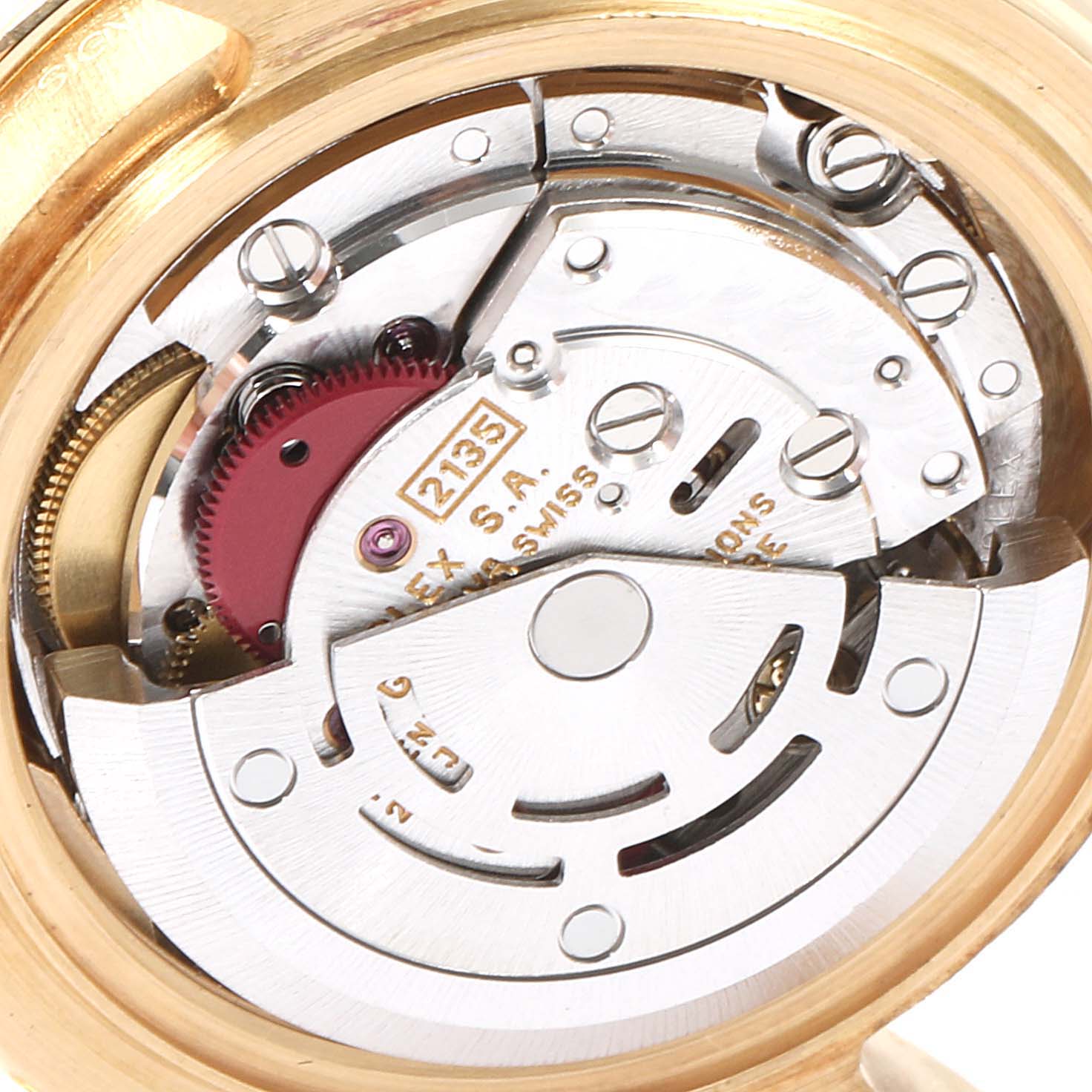 This image shows the internal mechanism of the Rolex Pearlmaster 69298 Women's Yellow Gold Mother of Pearl Dial 69298 Women's Yellow Gold Mother of Pearl Dial watch, captured from the back, highlighting its intricate components.
