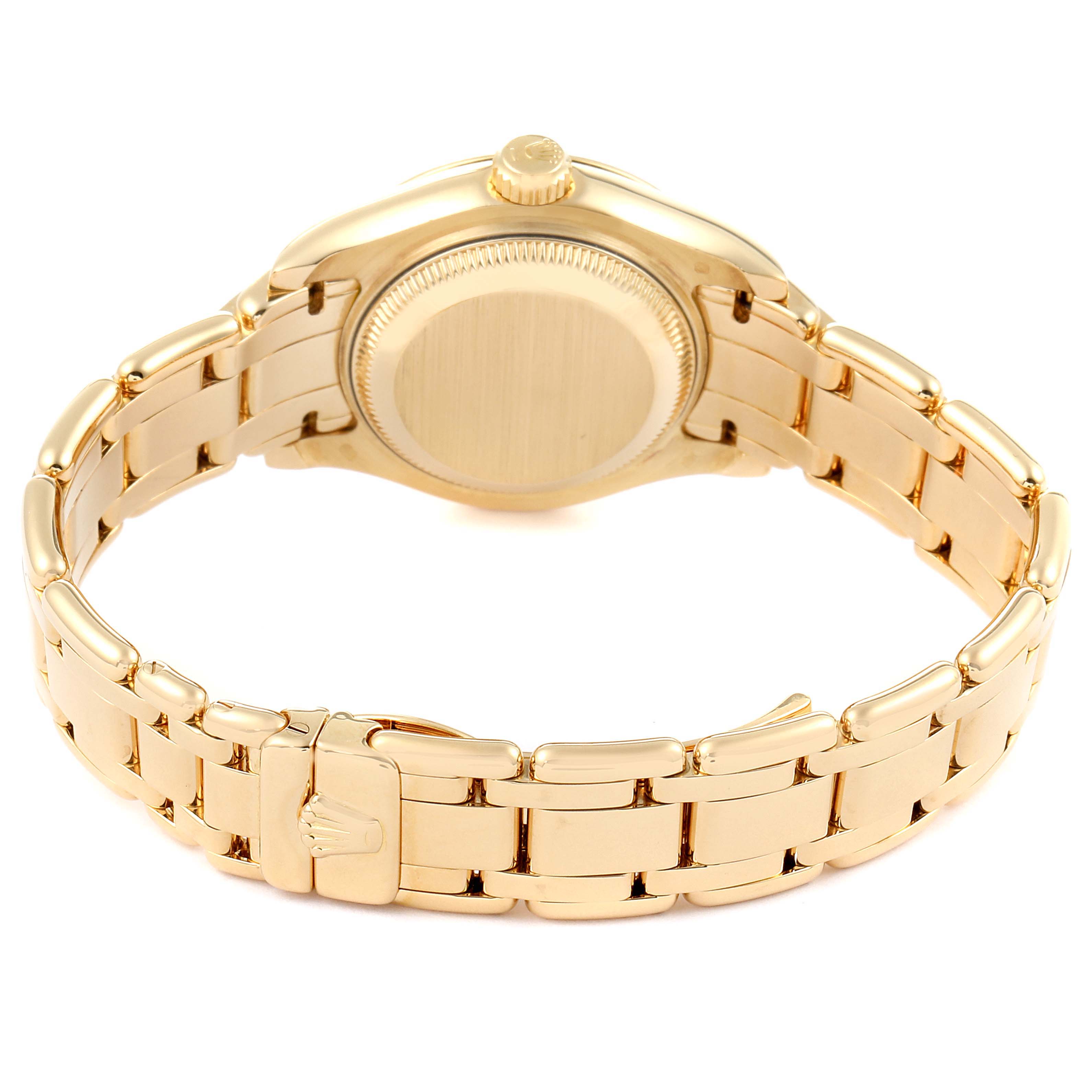 The image shows the back and bracelet clasp of a Rolex Pearlmaster 69298 Women's Yellow Gold Mother of Pearl Dial 69298 Women's Yellow Gold Mother of Pearl Dial watch in a gold finish.