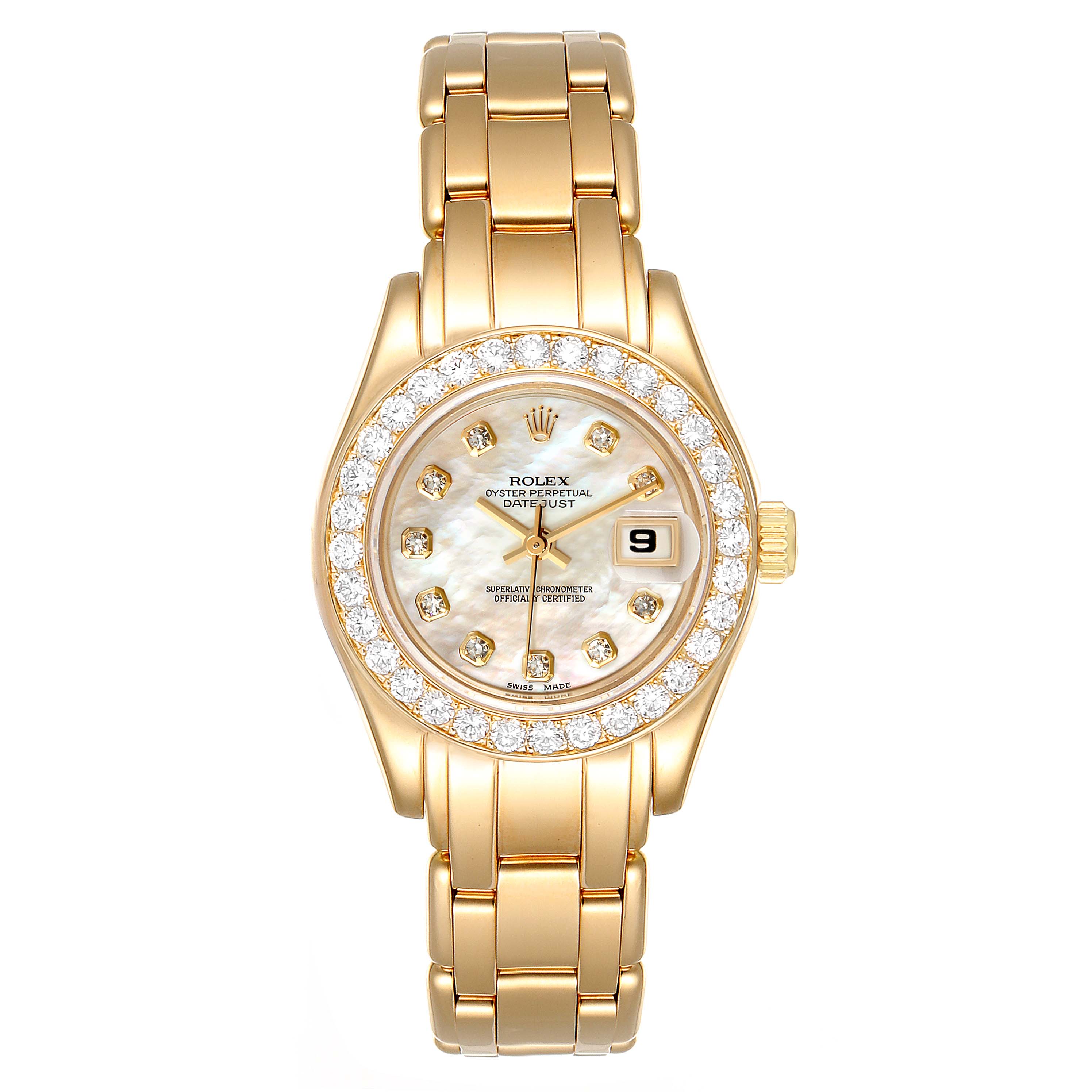 The image shows a frontal view of a Rolex Pearlmaster 69298 Women's Yellow Gold Mother of Pearl Dial 69298 Women's Yellow Gold Mother of Pearl Dial watch, displaying its dial, bezel, and bracelet.