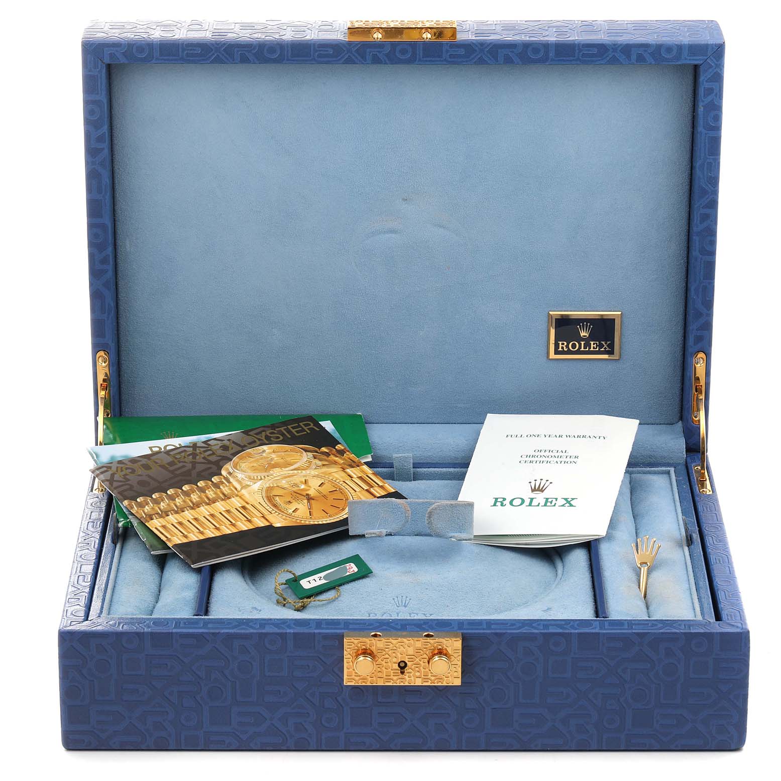 The image shows a Rolex Pearlmaster 69298 Women's Yellow Gold Mother of Pearl Dial 69298 Women's Yellow Gold Mother of Pearl Dial watch box with instructions, warranty booklet, and tags inside.