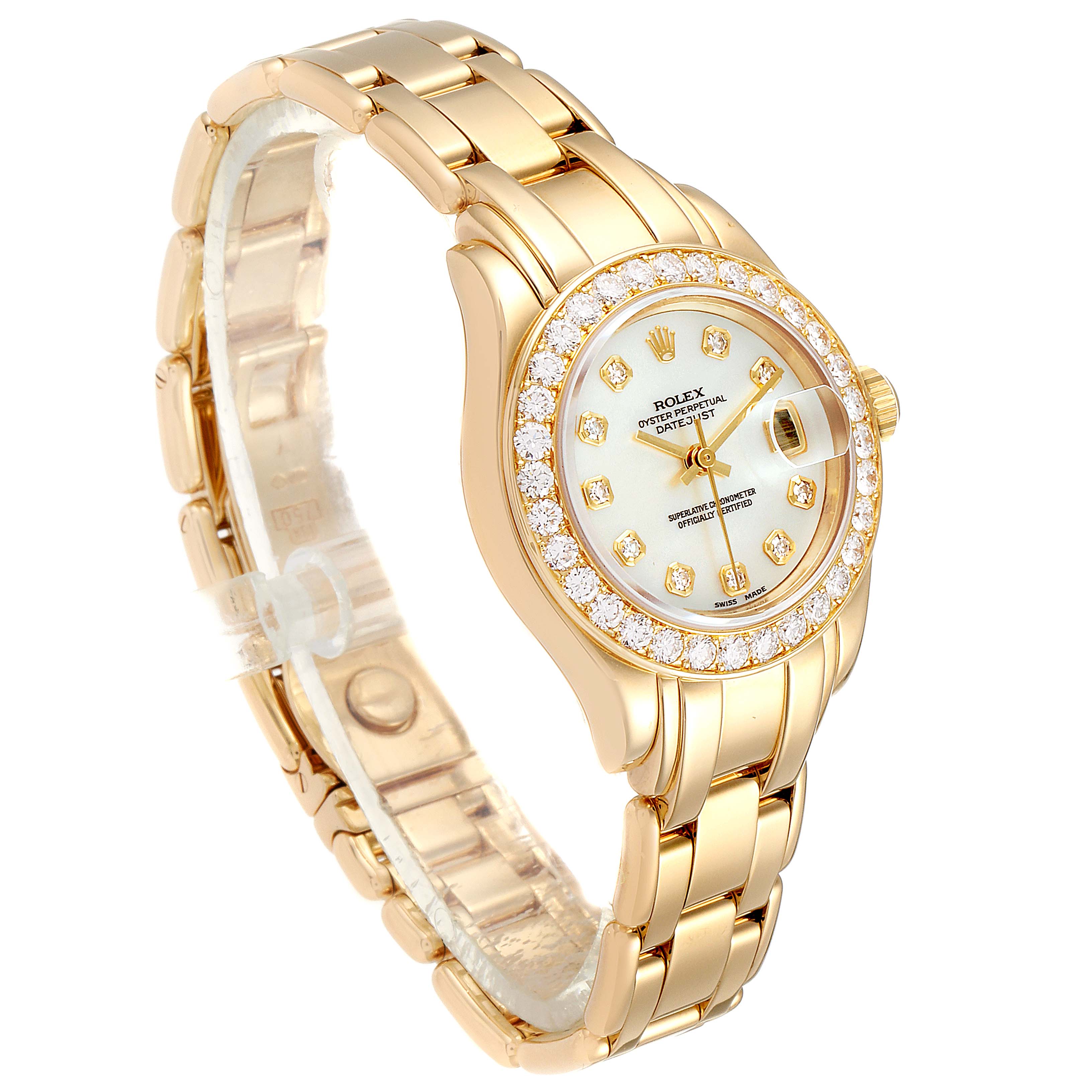The image shows a Rolex Pearlmaster 69298 Women's Yellow Gold Mother of Pearl Dial 69298 Women's Yellow Gold Mother of Pearl Dial watch at an oblique angle, highlighting its bracelet, bezel, and face with diamond accents.