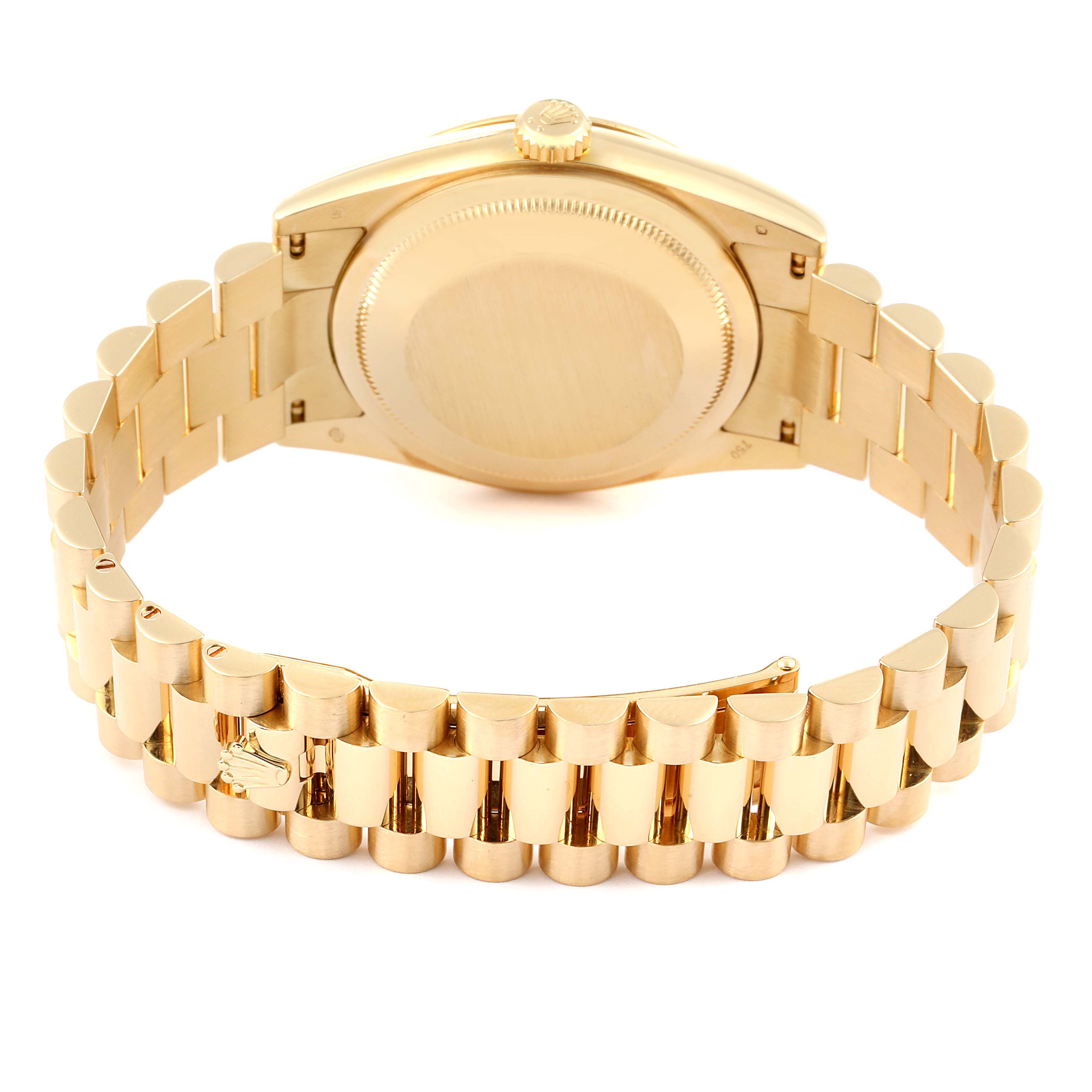 The image shows the back view of a Rolex President 118238 Men
s Yellow Gold White Dial 118238 Men
s Yellow Gold White Dial model watch, highlighting its gold case and bracelet.