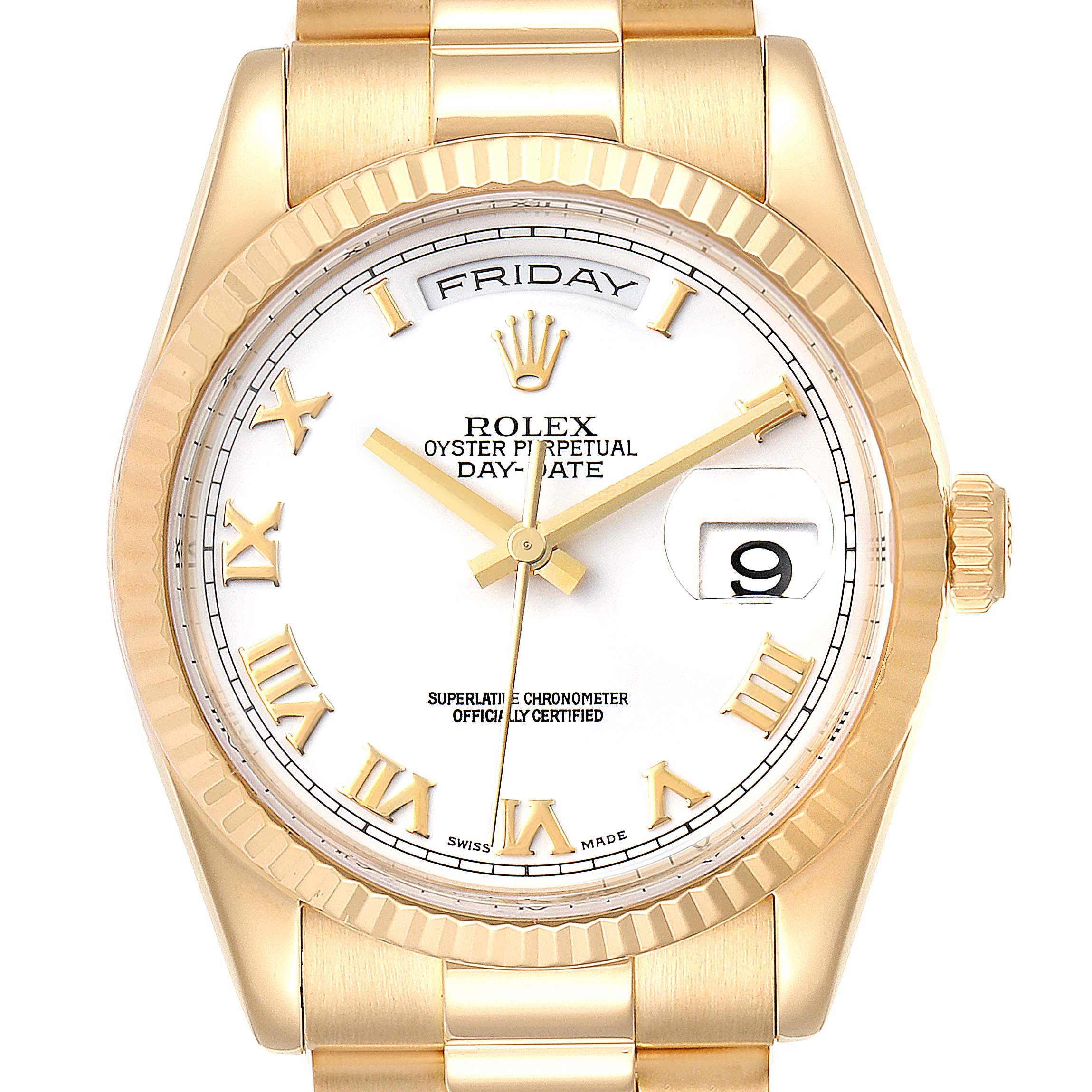 The image shows a front view of a Rolex President 118238 Men
s Yellow Gold White Dial 118238 Men
s Yellow Gold White Dial model watch, highlighting the dial, bezel, bracelet, and crown.