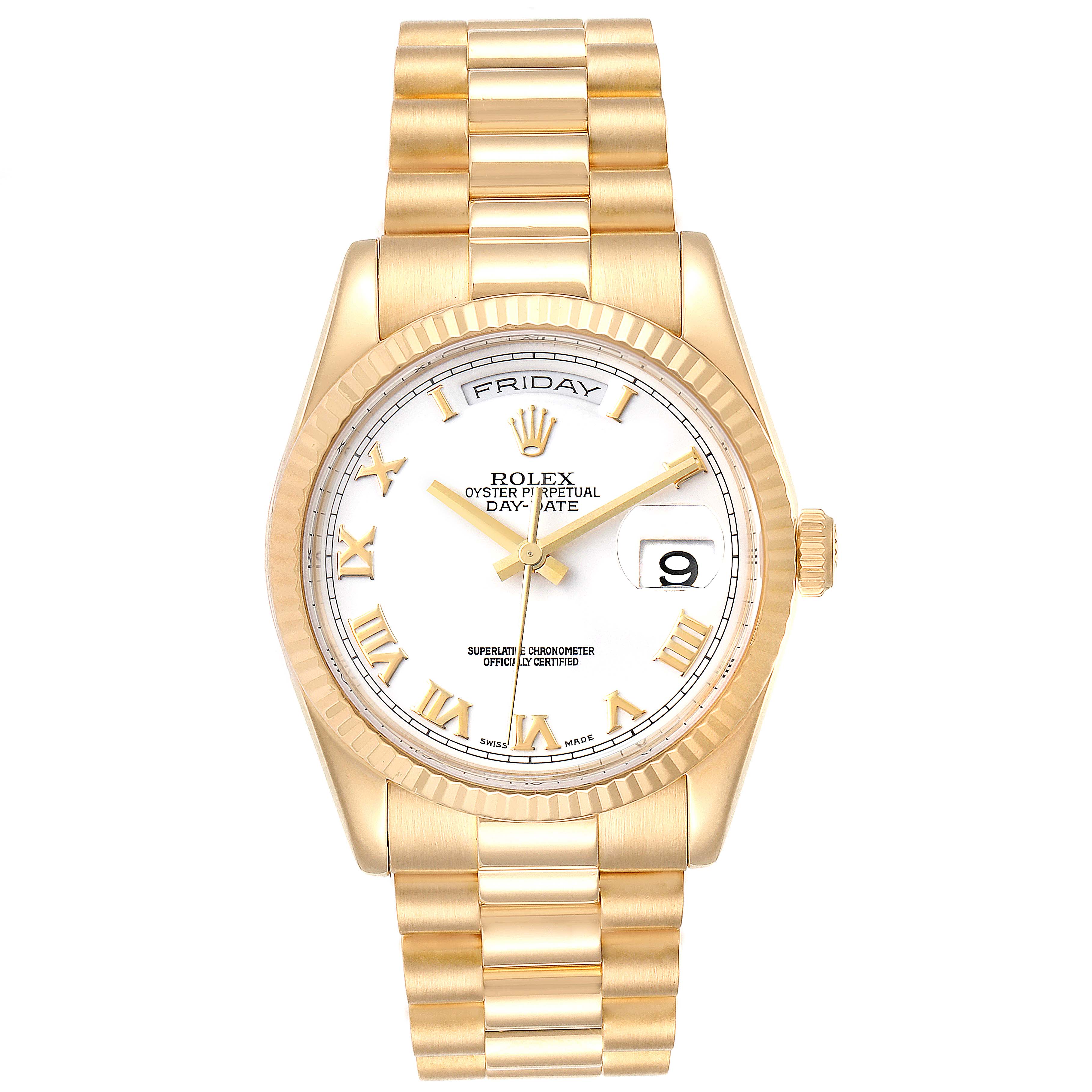 The Rolex President 118238 Men
s Yellow Gold White Dial 118238 Men
s Yellow Gold White Dial watch model is shown from a front angle, highlighting its face, dial, and bracelet.
