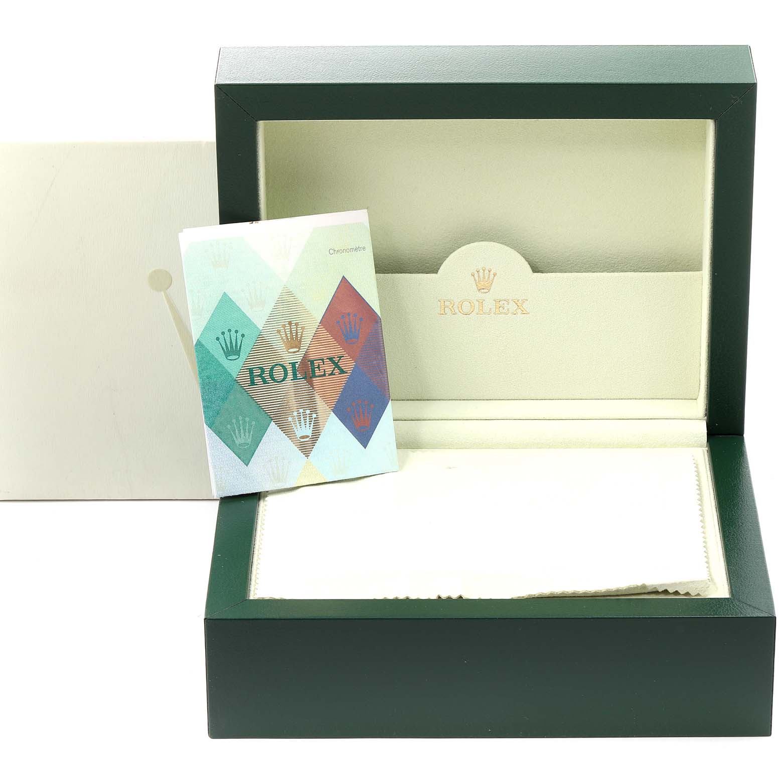 The image shows an open Rolex President 118238 Men
s Yellow Gold White Dial 118238 Men
s Yellow Gold White Dial model watch box, an instruction booklet, and a cleaning cloth.