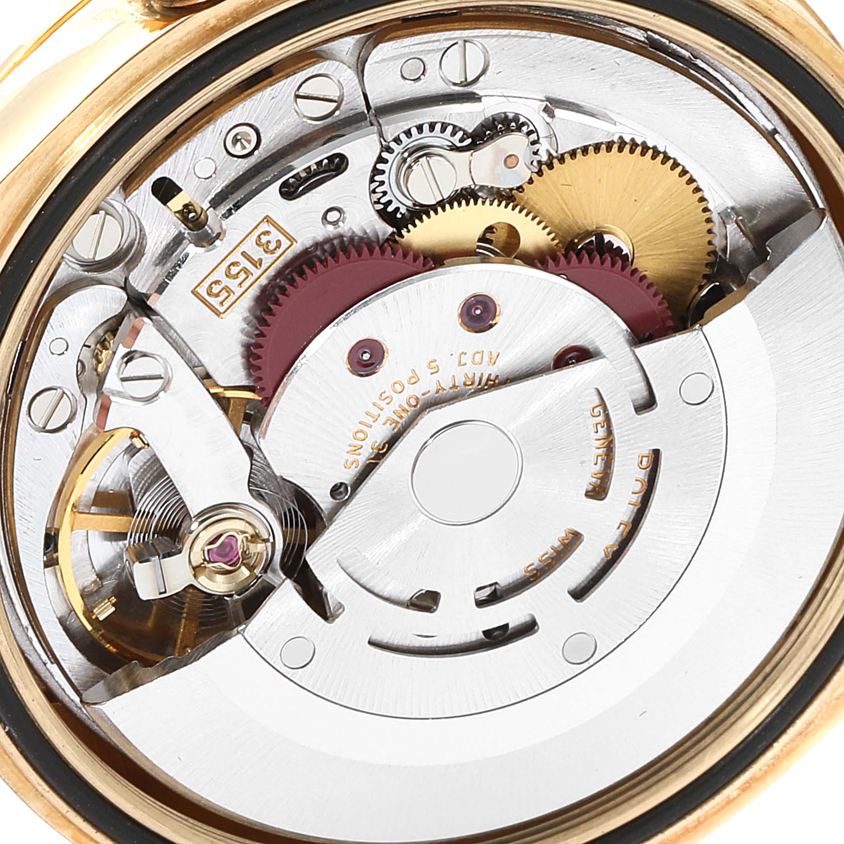 This image shows a close-up view of the Rolex President 118238 Men
s Yellow Gold White Dial 118238 Men
s Yellow Gold White Dial model
s watch movement, featuring intricate gears and components.