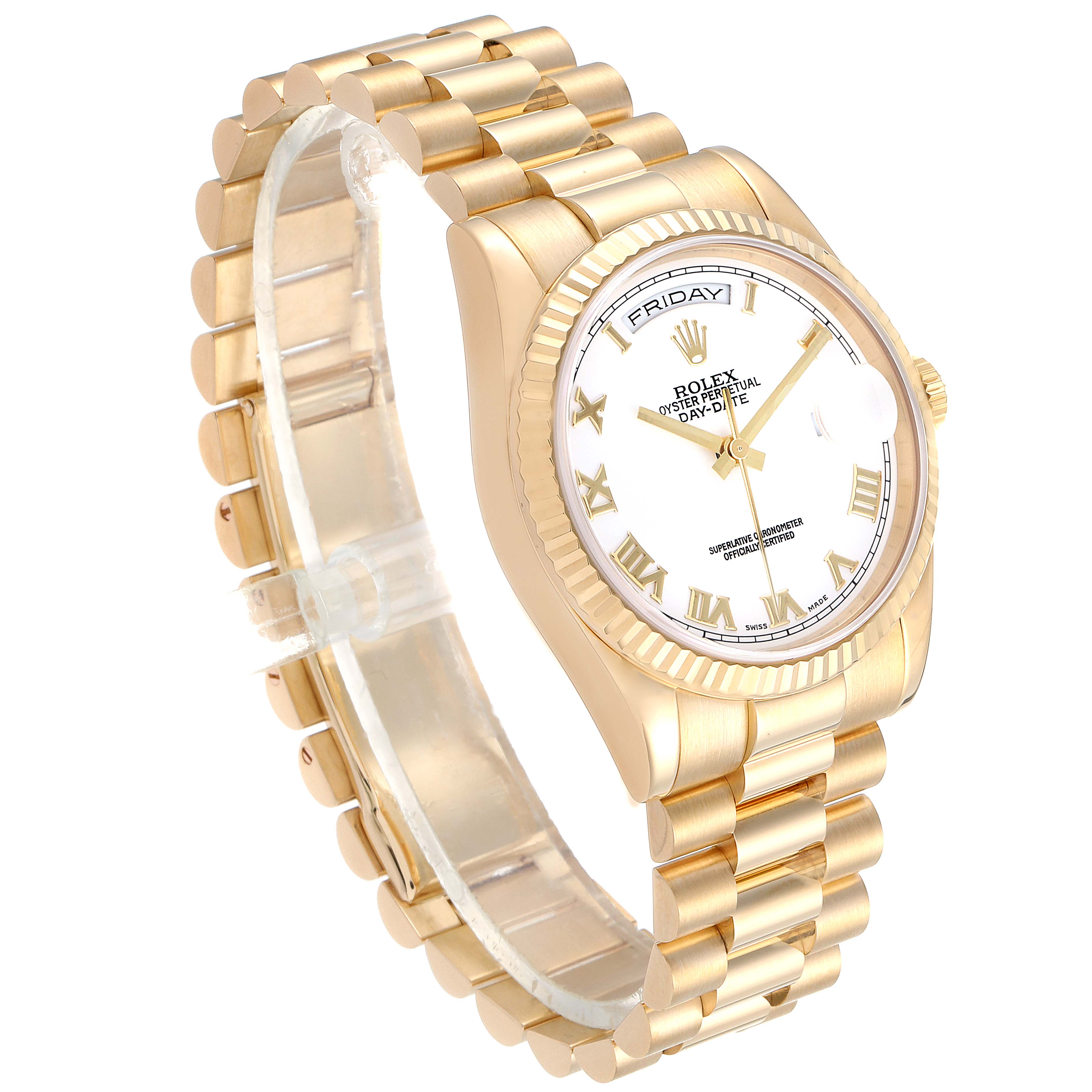 The Rolex President 118238 Men
s Yellow Gold White Dial 118238 Men
s Yellow Gold White Dial model watch is shown at an angle displaying the face, bezel, crown, and part of the bracelet.