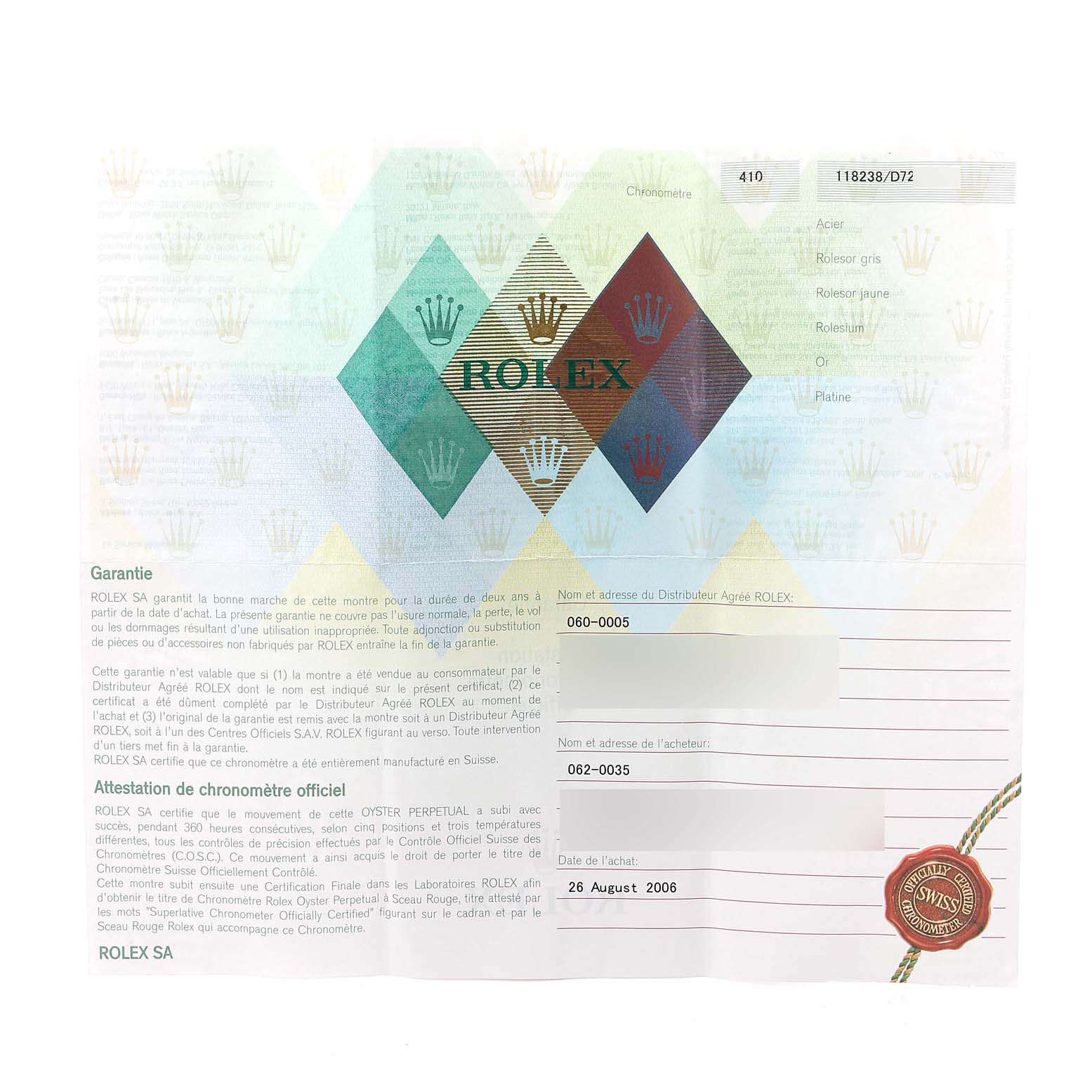 The image shows an Best Quality
ity and warranty certificate for the President model by Rolex.