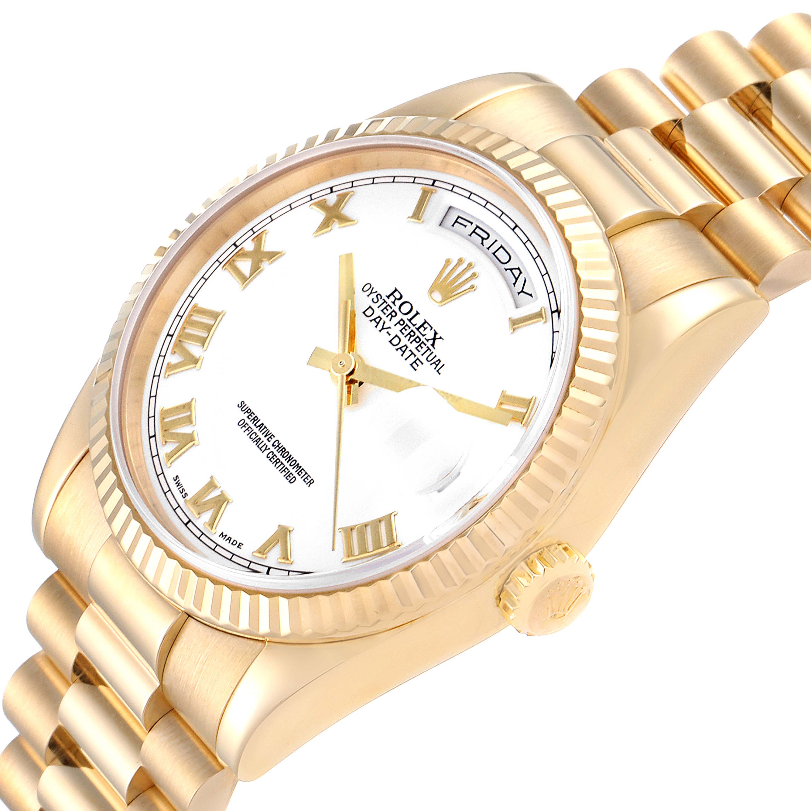 The angle shows the Rolex President 118238 Men
s Yellow Gold White Dial 118238 Men
s Yellow Gold White Dial model watch in a slightly tilted side view, displaying its face, bezel, crown, and part of the bracelet.