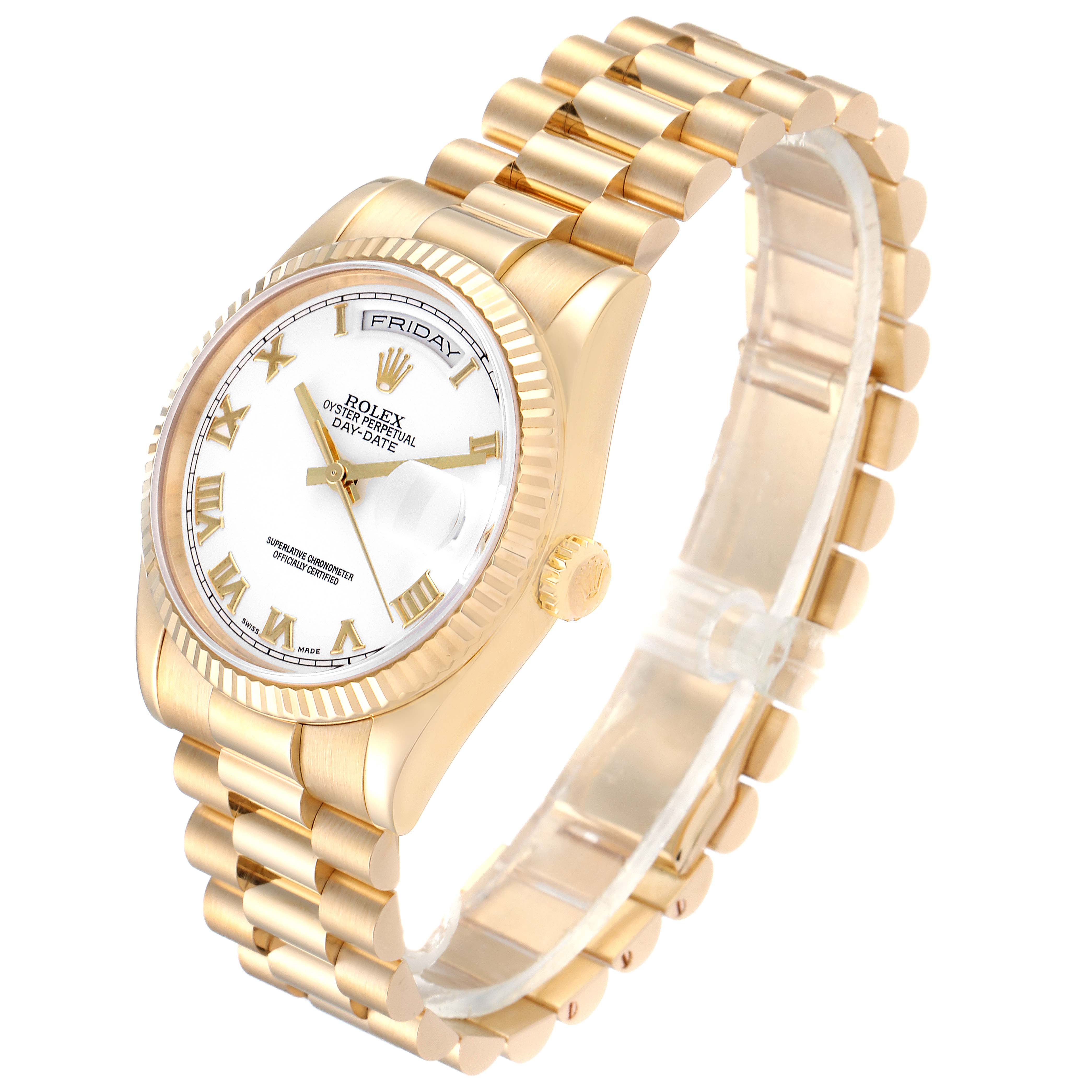 This image shows a Rolex President 118238 Men
s Yellow Gold White Dial 118238 Men
s Yellow Gold White Dial model watch angled to display the face, bezel, crown, and bracelet.