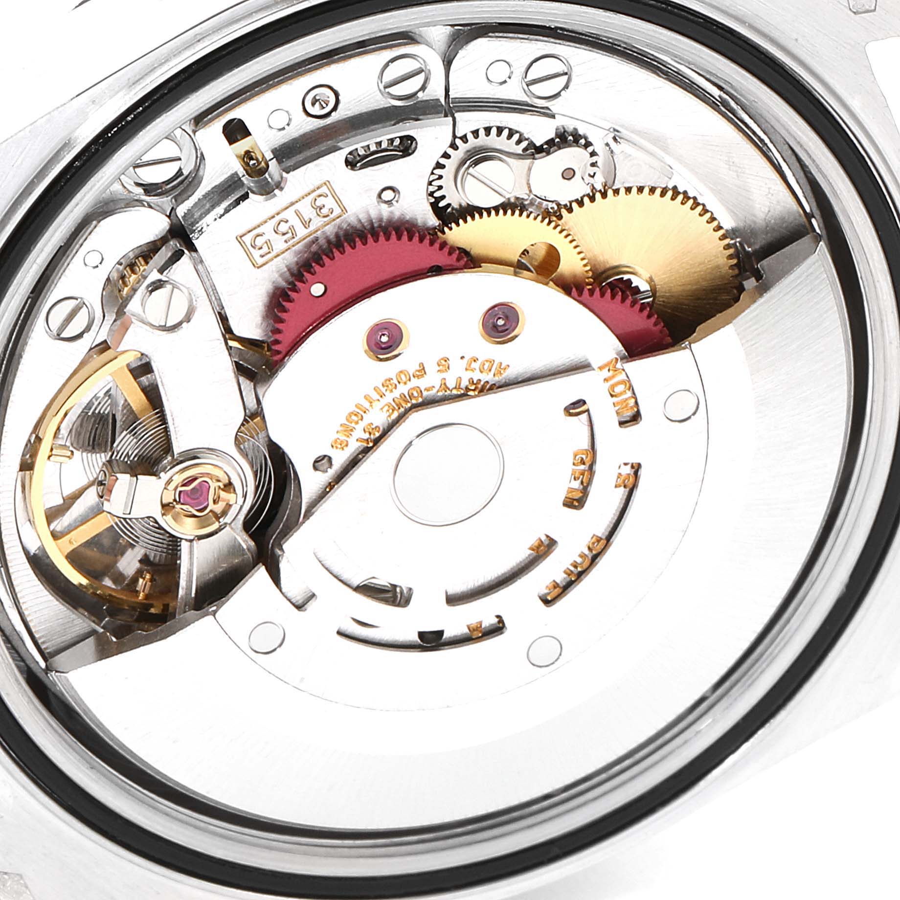 This close-up shot shows the intricate inner workings of the Rolex President 18346 Men's Platinum Silver Dial 18346 Men's Platinum Silver Dial model watch, highlighting the gears and mechanisms.