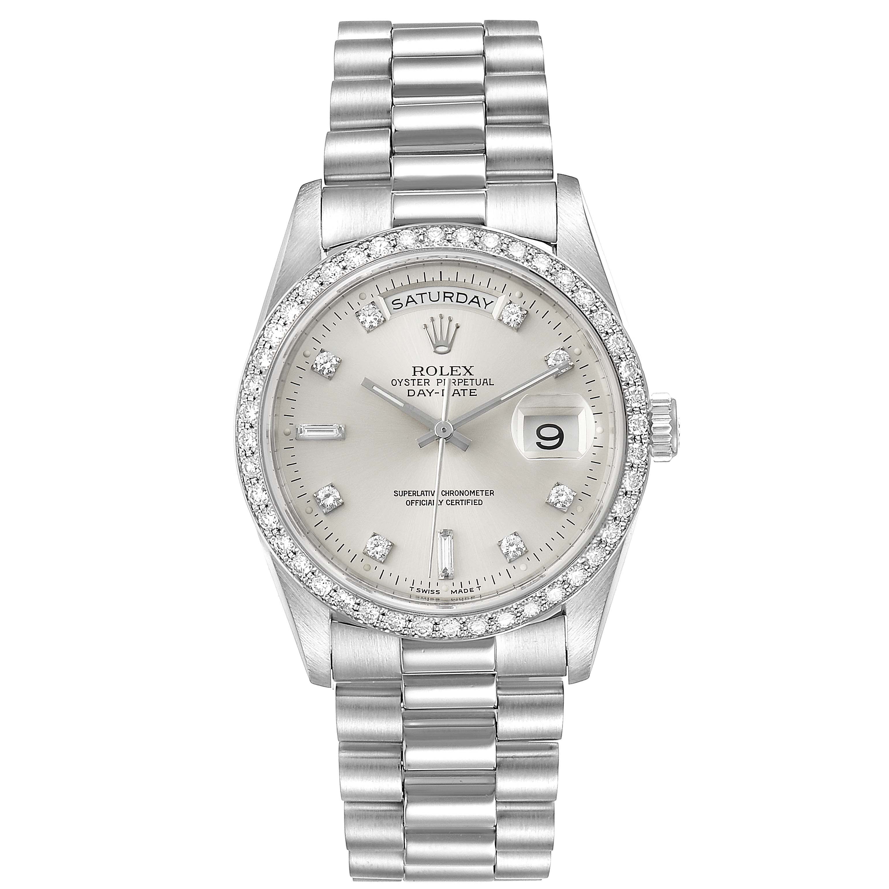 The image shows a front view of a Rolex President 18346 Men's Platinum Silver Dial 18346 Men's Platinum Silver Dial model watch, displaying the dial, bracelet, crown, and bezel.