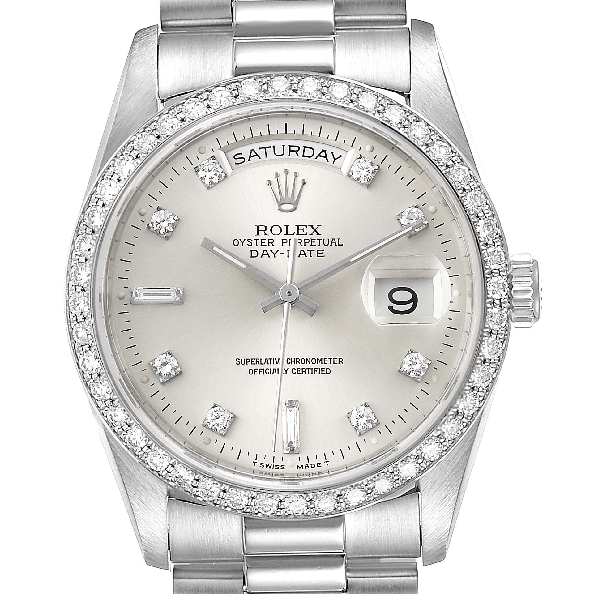 This image shows a front view of the Rolex President 18346 Men's Platinum Silver Dial 18346 Men's Platinum Silver Dial watch, highlighting its dial, bezel, and part of the bracelet.