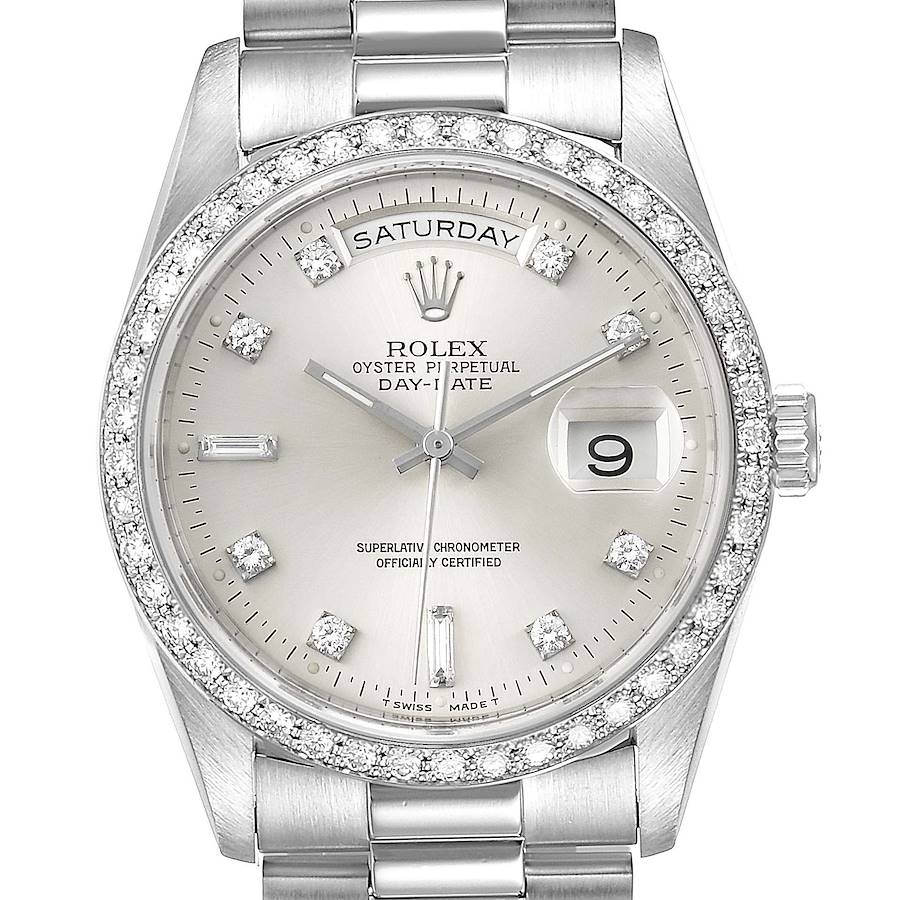 Rolex President Day-Date Silver Dial Platinum Diamond Mens Watch 18346 Box SwissWatchExpo