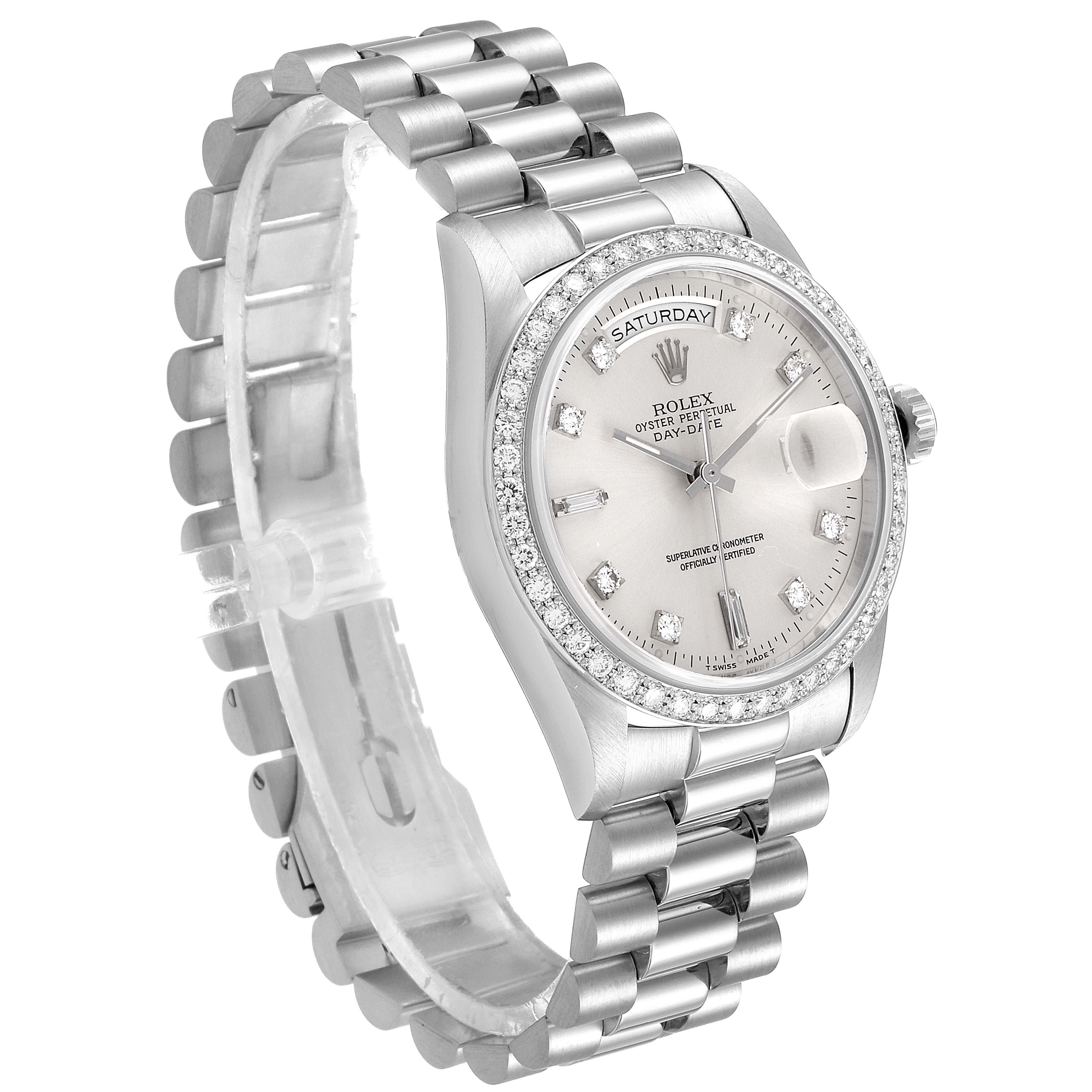 The image shows a side angle of a Rolex President 18346 Men's Platinum Silver Dial 18346 Men's Platinum Silver Dial model watch featuring its band, dial, bezel, and crown.