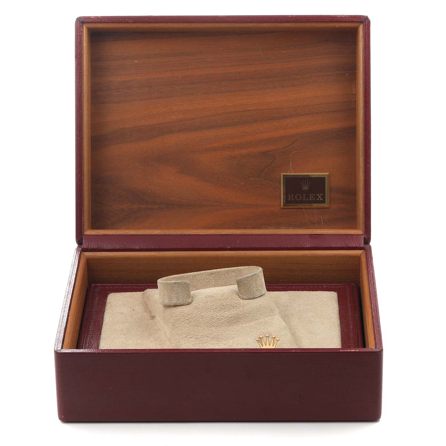 This image shows an open Rolex box, suitable for a Rolex President 18346 Men's Platinum Silver Dial 18346 Men's Platinum Silver Dial model, featuring a suede interior cushion for the watch.