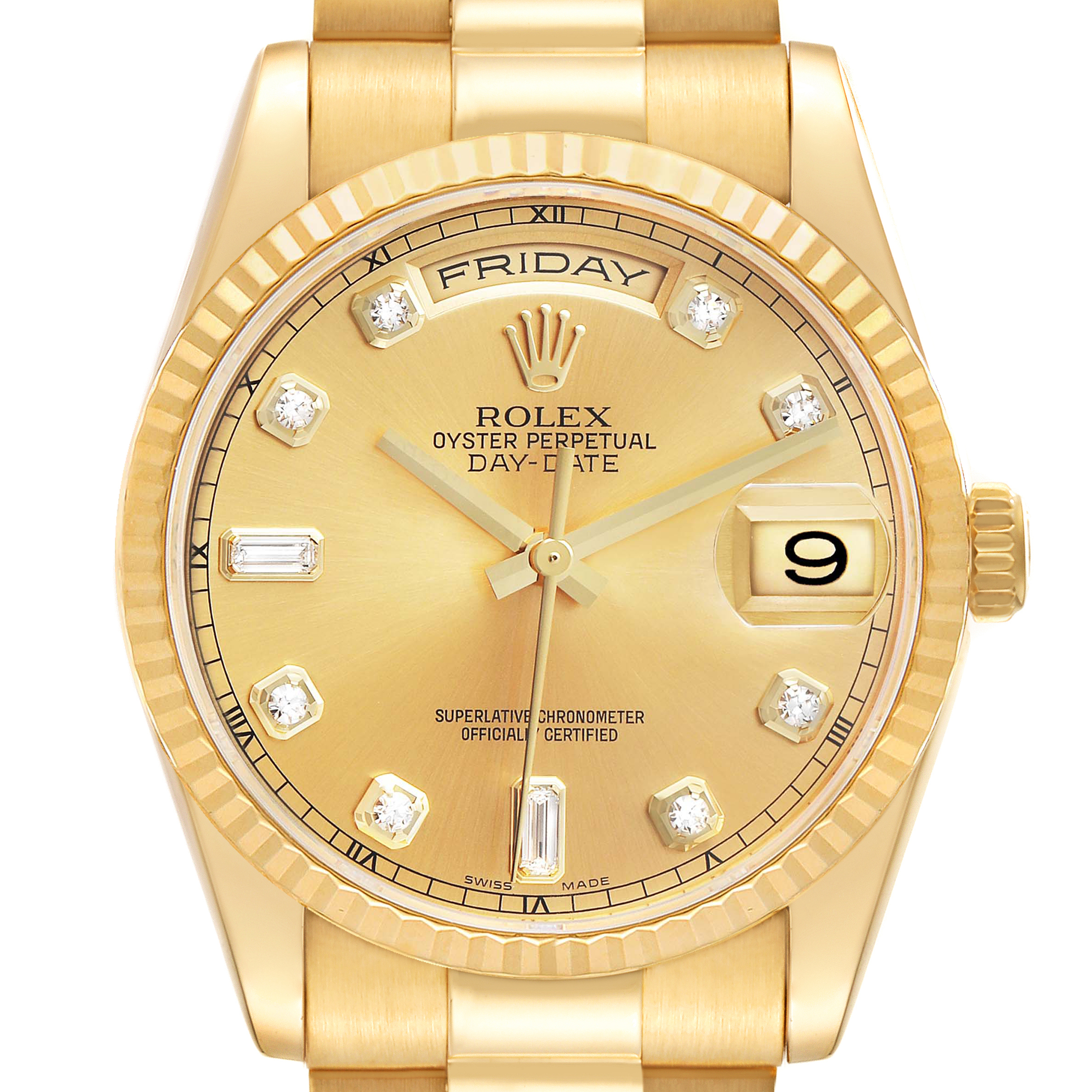 The Rolex President 118238 Men's Yellow Gold Champagne Dial model is shown from a top-down angle, highlighting the gold case, diamond hour markers, and day-date features.