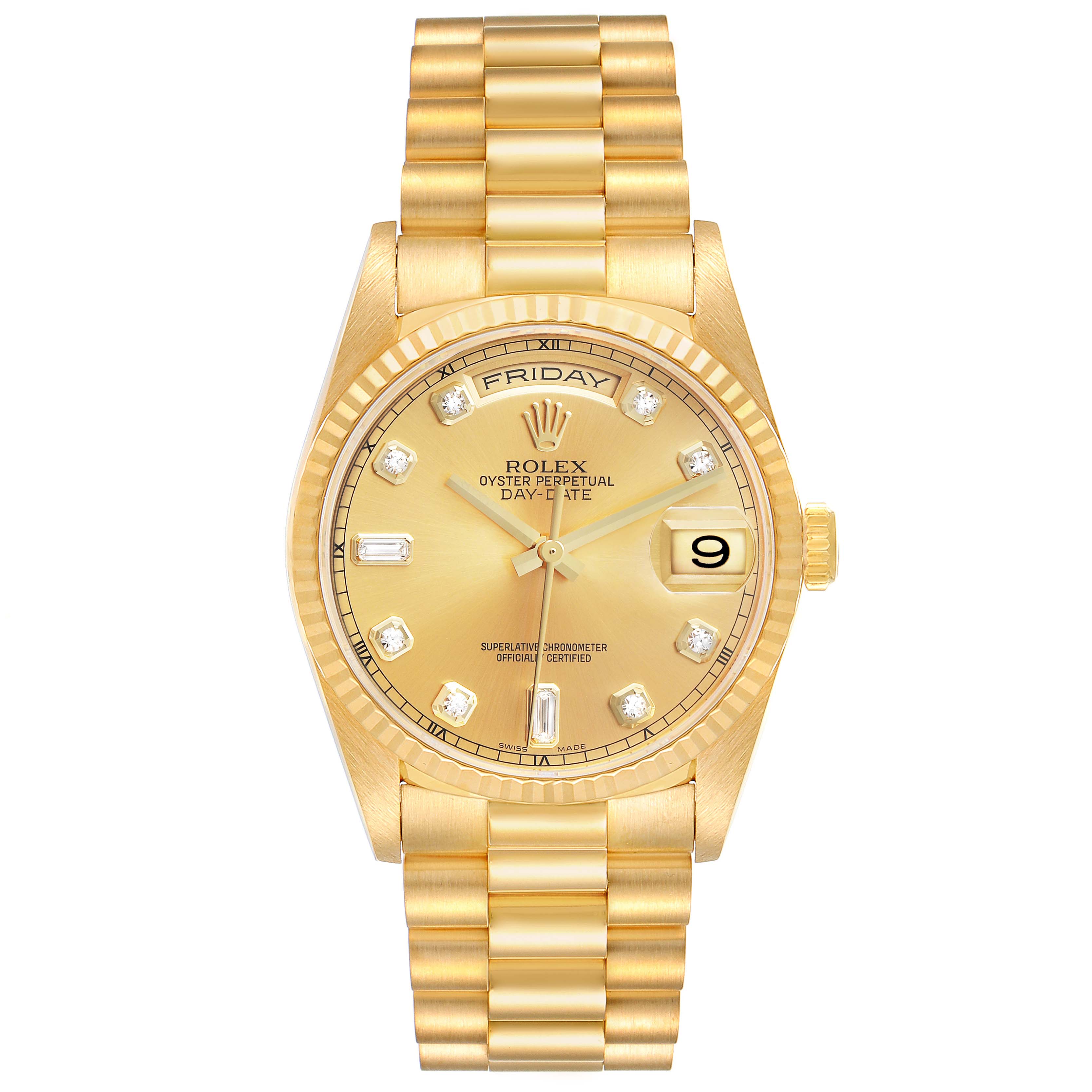The Rolex President 118238 Men's Yellow Gold Champagne Dial model is shown from a frontal angle, highlighting the dial, day-date function, and bracelet.