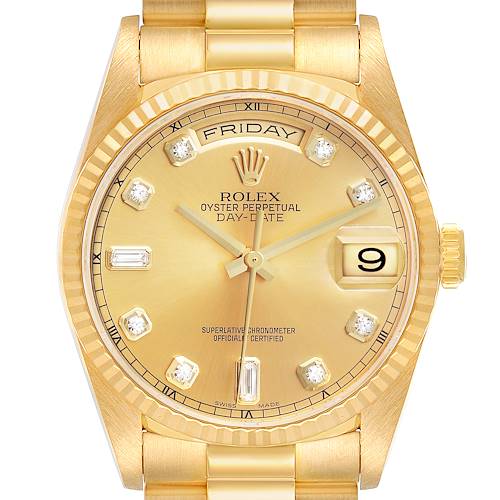 The Rolex President 118238 Men's Yellow Gold Champagne Dial watch is shown from the front, highlighting its dial, bezel, and crown.