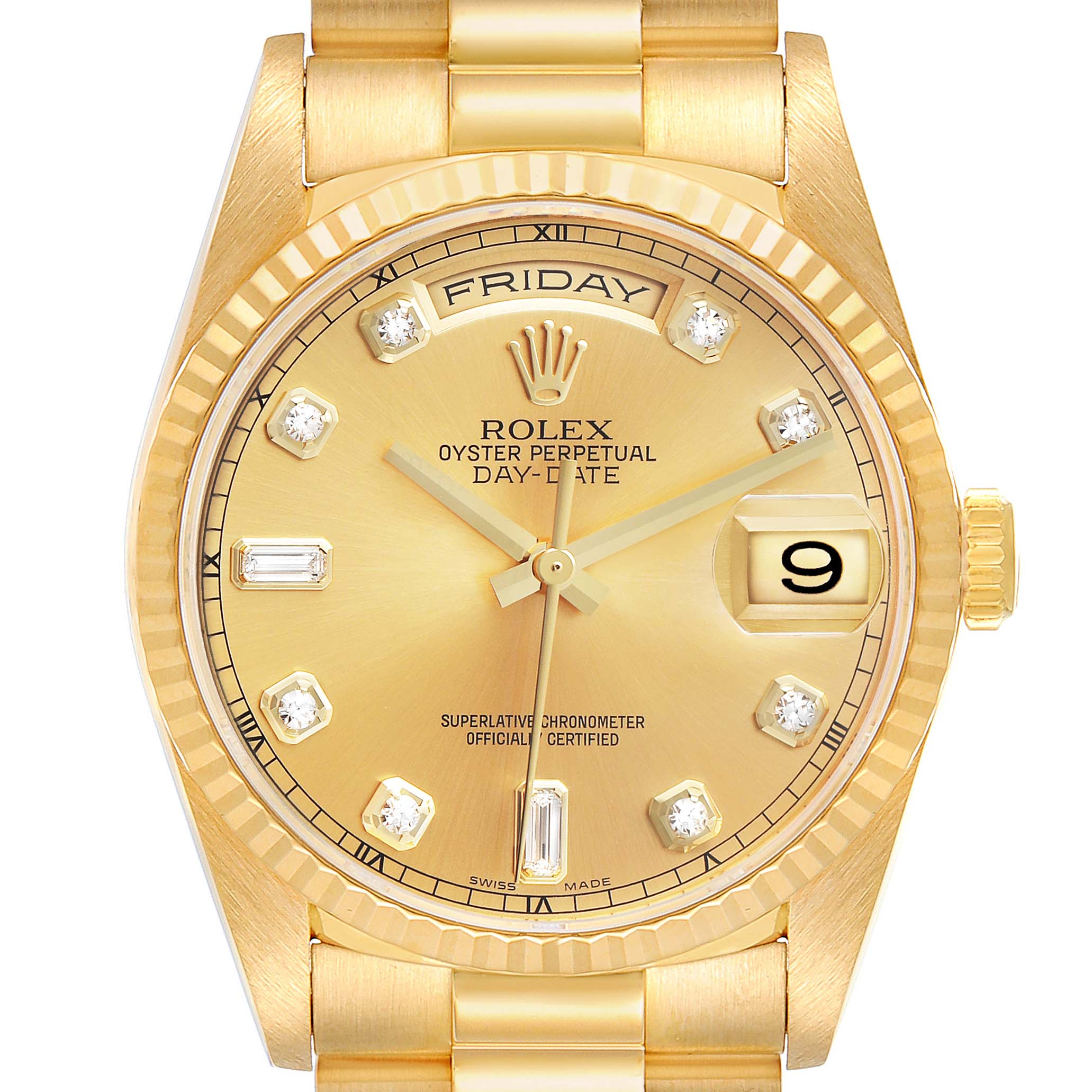 The image shows a front view of the Rolex President 118238 Men's Yellow Gold Champagne Dial model, displaying the dial, hands, date window, and part of the bracelet.