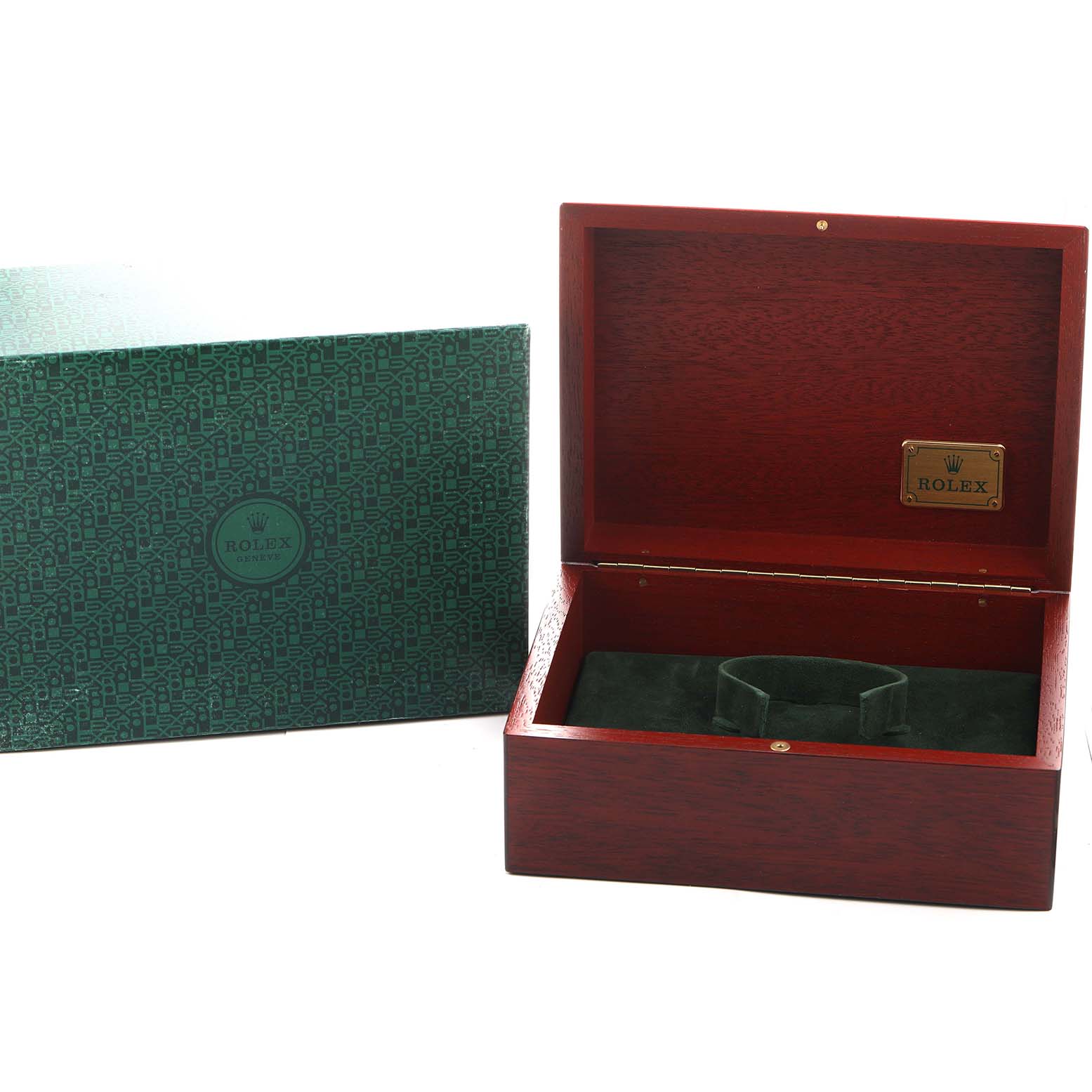 The image shows an open wooden box and packaging for a Rolex President 118238 Men's Yellow Gold Champagne Dial model, with no watch visible.