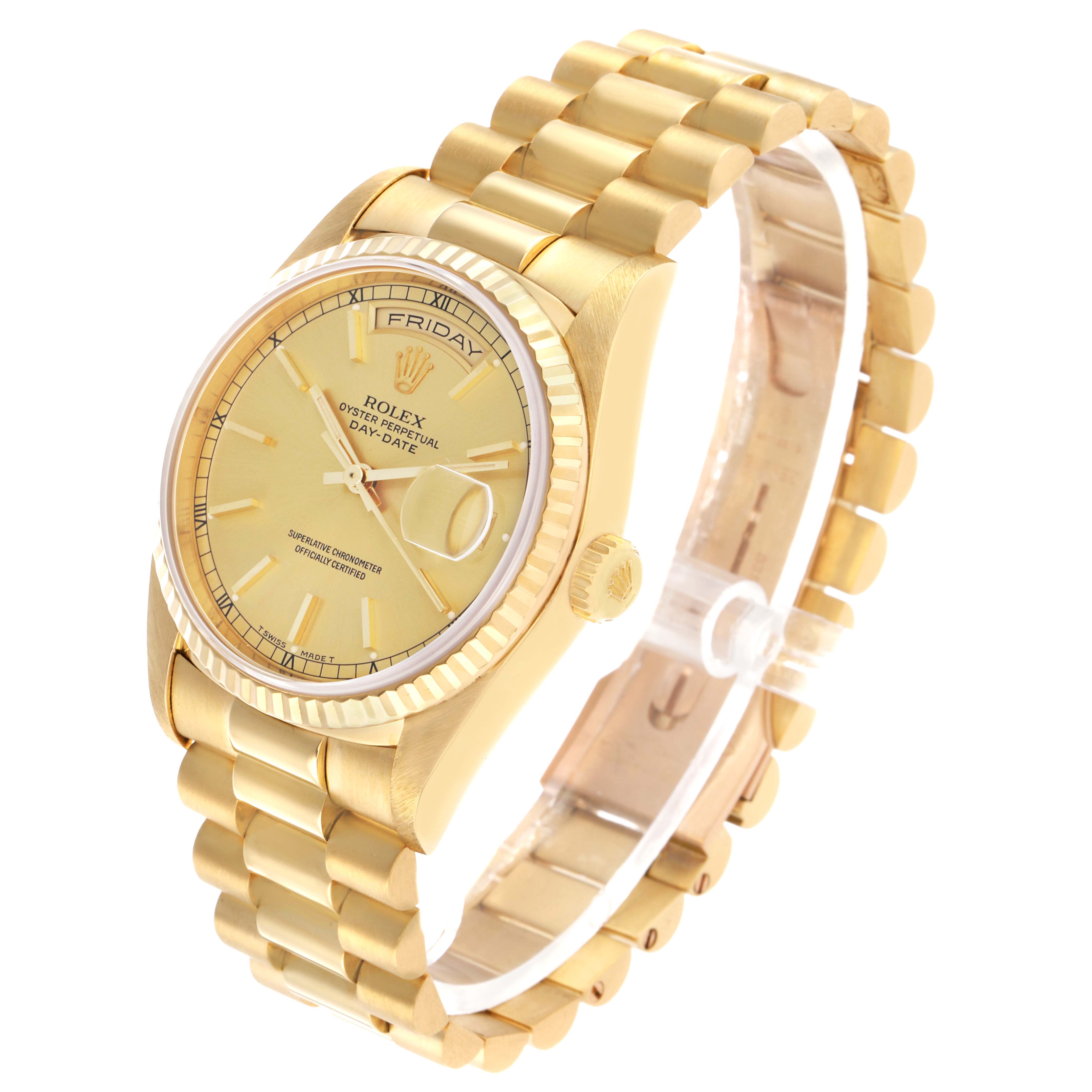 The Rolex President 18238 Men's Yellow Gold Champagne Dial watch is shown at an angle highlighting the bracelet, face, and fluted bezel.