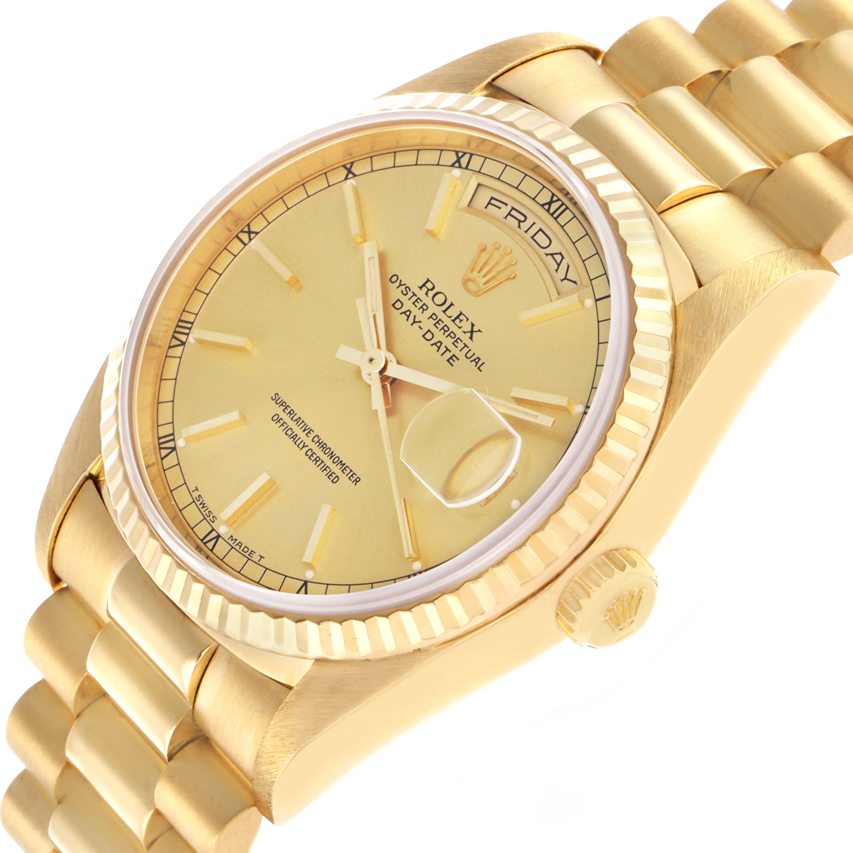 The Rolex President 18238 Men's Yellow Gold Champagne Dial model is shown from an angled top view, highlighting the face, bezel, crown, and part of the bracelet.