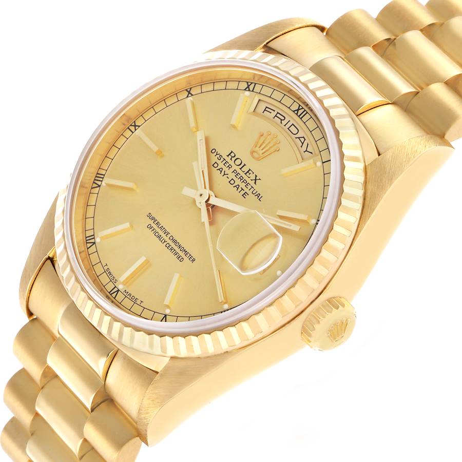 The Rolex President 18238 Men's Yellow Gold Champagne Dial model is shown from an angled top view, highlighting the face, bezel, crown, and part of the bracelet.