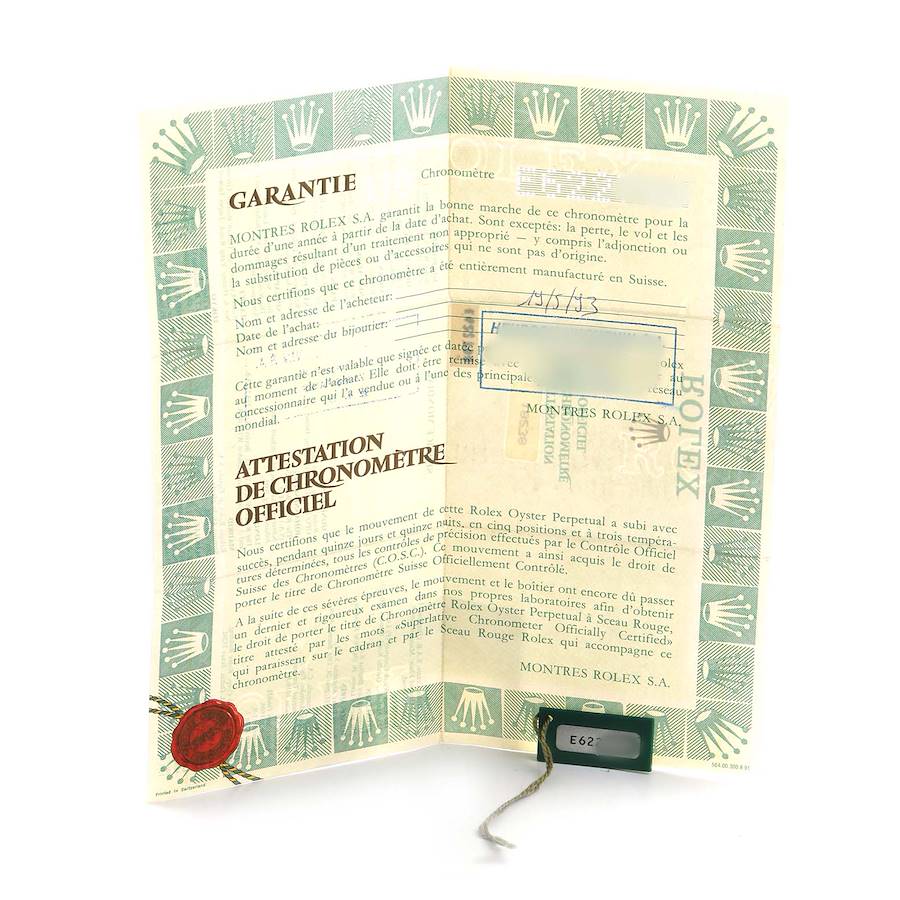 The image shows a Rolex President 18238 Men's Yellow Gold Champagne Dial model warranty certificate, highlighting the official chronometer authentication.