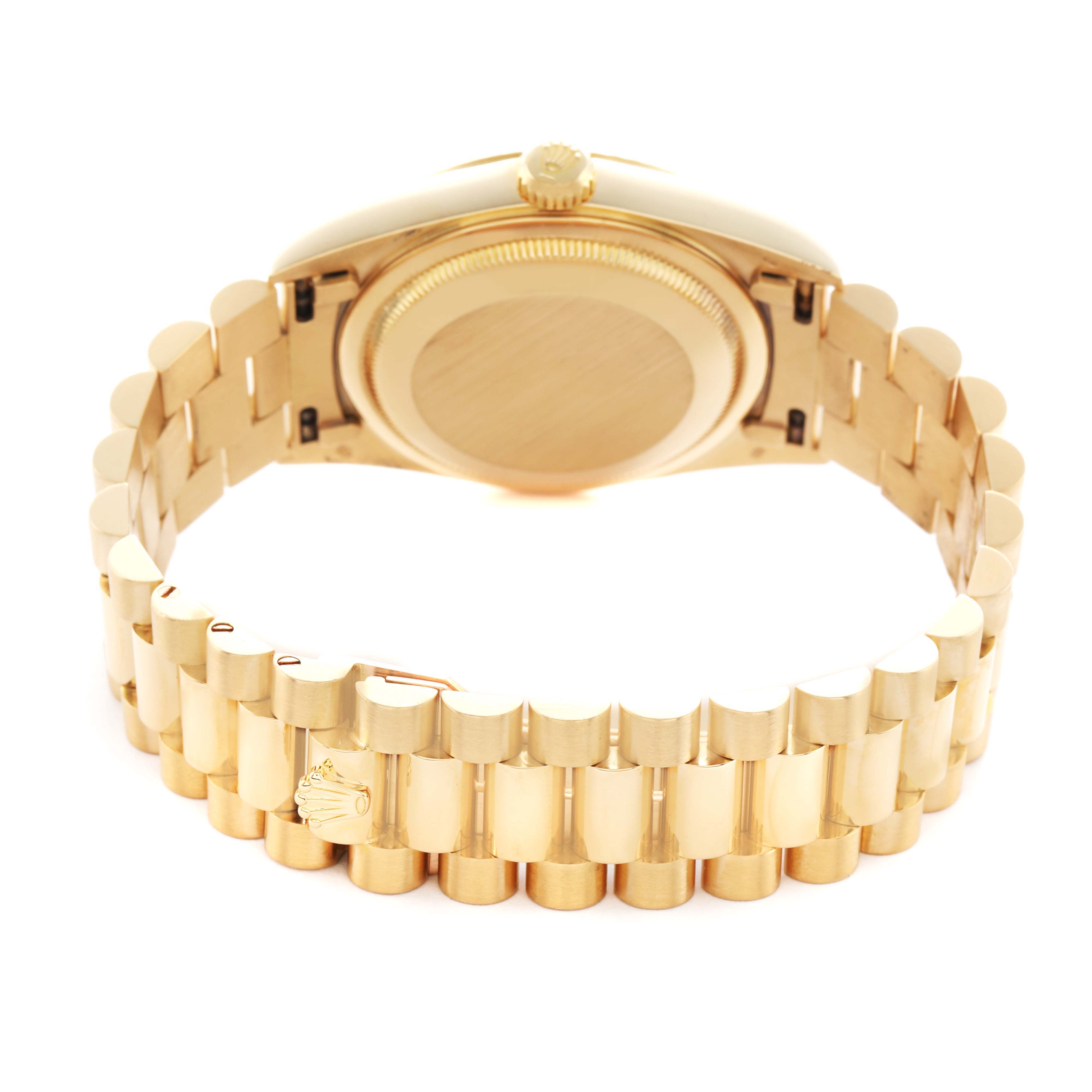 The image shows the back and bracelet of a Rolex President 18238 Men's Yellow Gold Champagne Dial model, highlighting its gold link design and crown clasp.