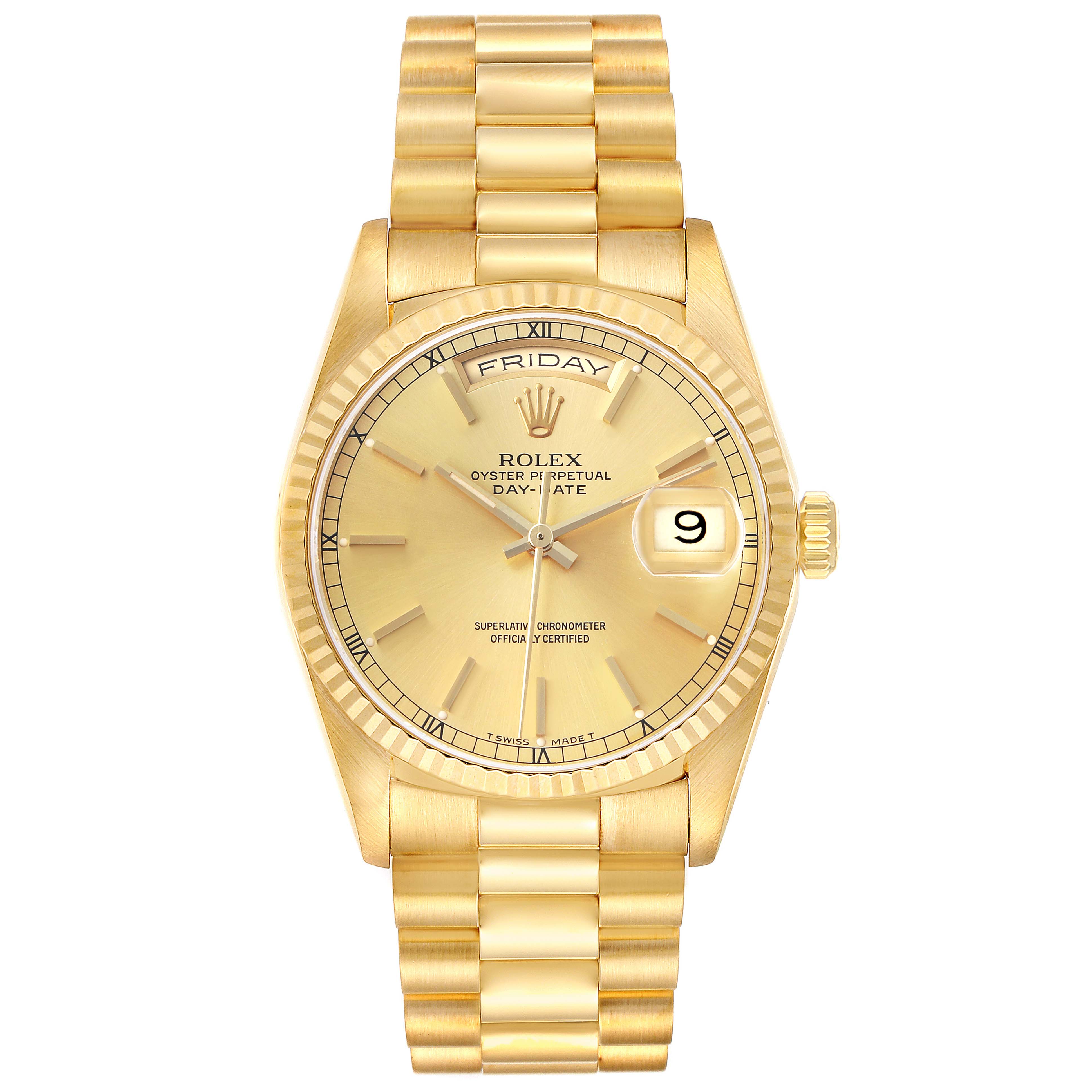 The Rolex President 18238 Men's Yellow Gold Champagne Dial model watch is shown from a top-down angle, displaying the dial, bracelet, and crown.