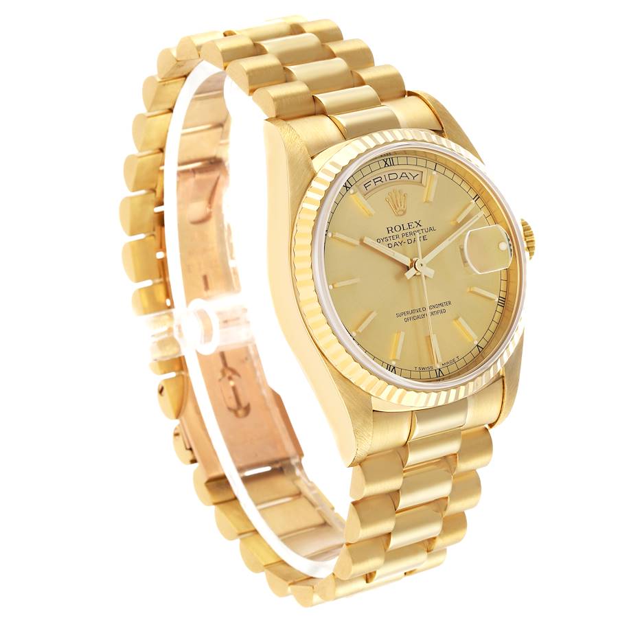 The Rolex President 18238 Men's Yellow Gold Champagne Dial model is shown at a three-quarter angle, displaying the full face, bezel, and bracelet.