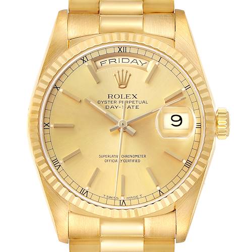 The Rolex President 18238 Men's Yellow Gold Champagne Dial model watch is shown from the front, displaying the dial, bezel, day-date, and bracelet link.