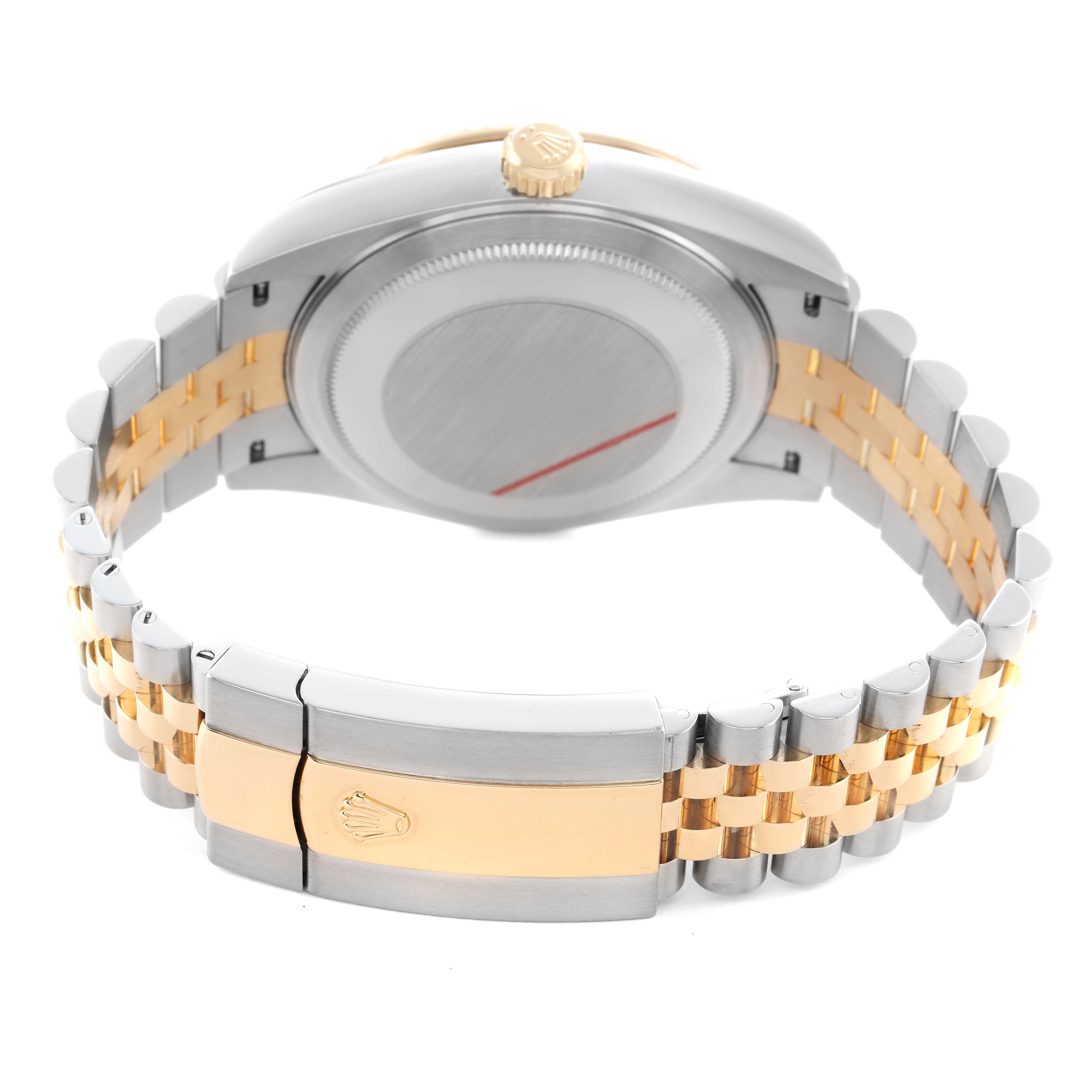 The image shows the back and side view of a Rolex Sky-Dweller 326933 Men's Steel and Gold (two tone) Black Dial watch, highlighting the case back, crown, and two-tone bracelet.