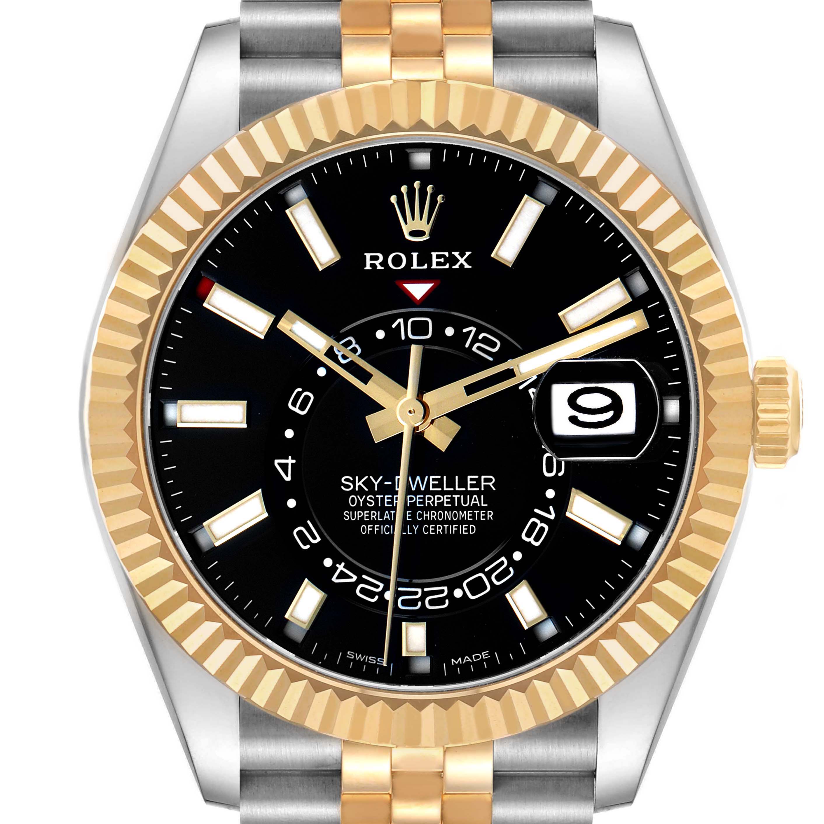 The Rolex Sky-Dweller 326933 Men's Steel and Gold (two tone) Black Dial watch is shown from the front, highlighting the dial, bezel, and part of the bracelet.