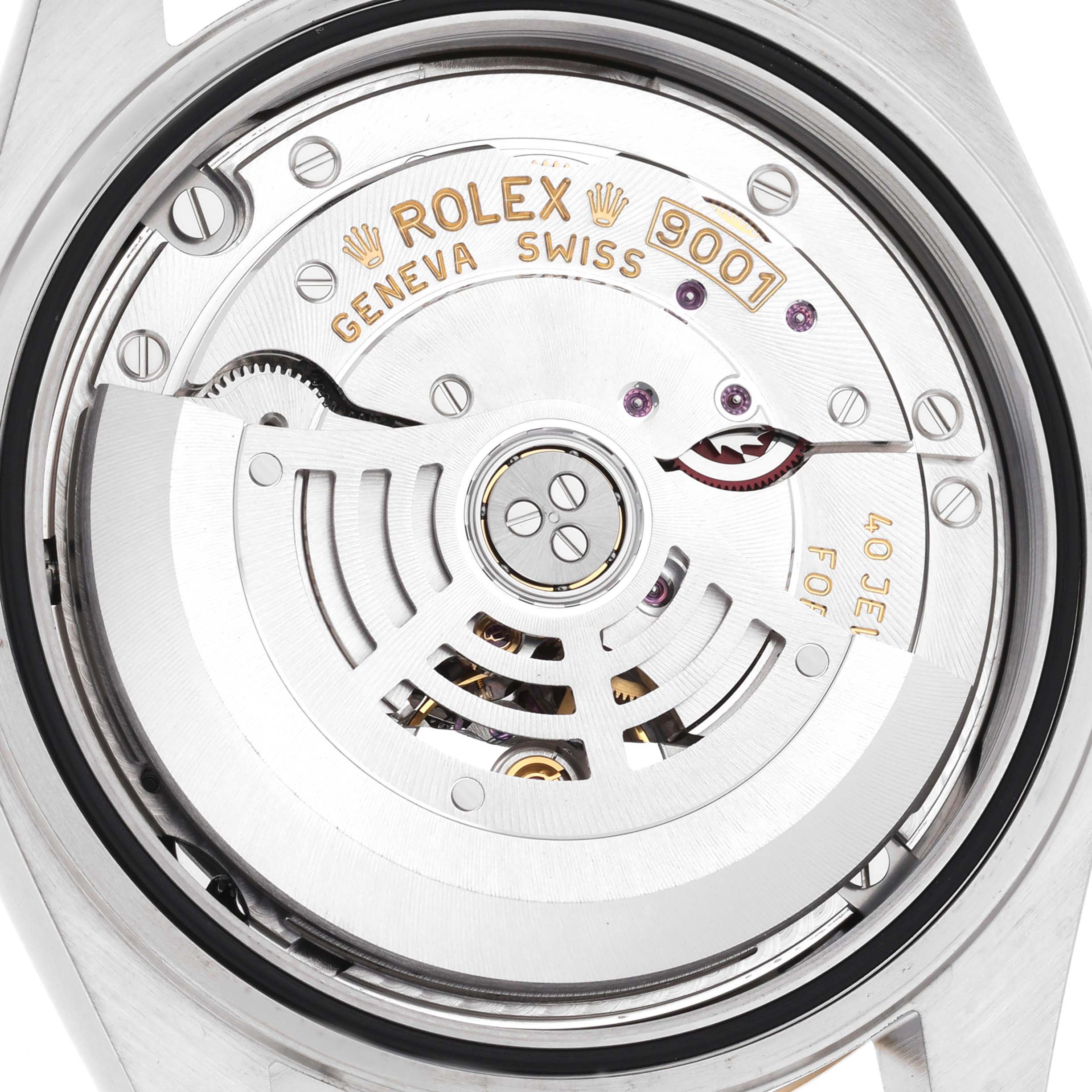 The image shows the back view of a Rolex Sky-Dweller 326933 Men's Steel and Gold (two tone) Black Dial, focusing on its automatic movement and rotor.