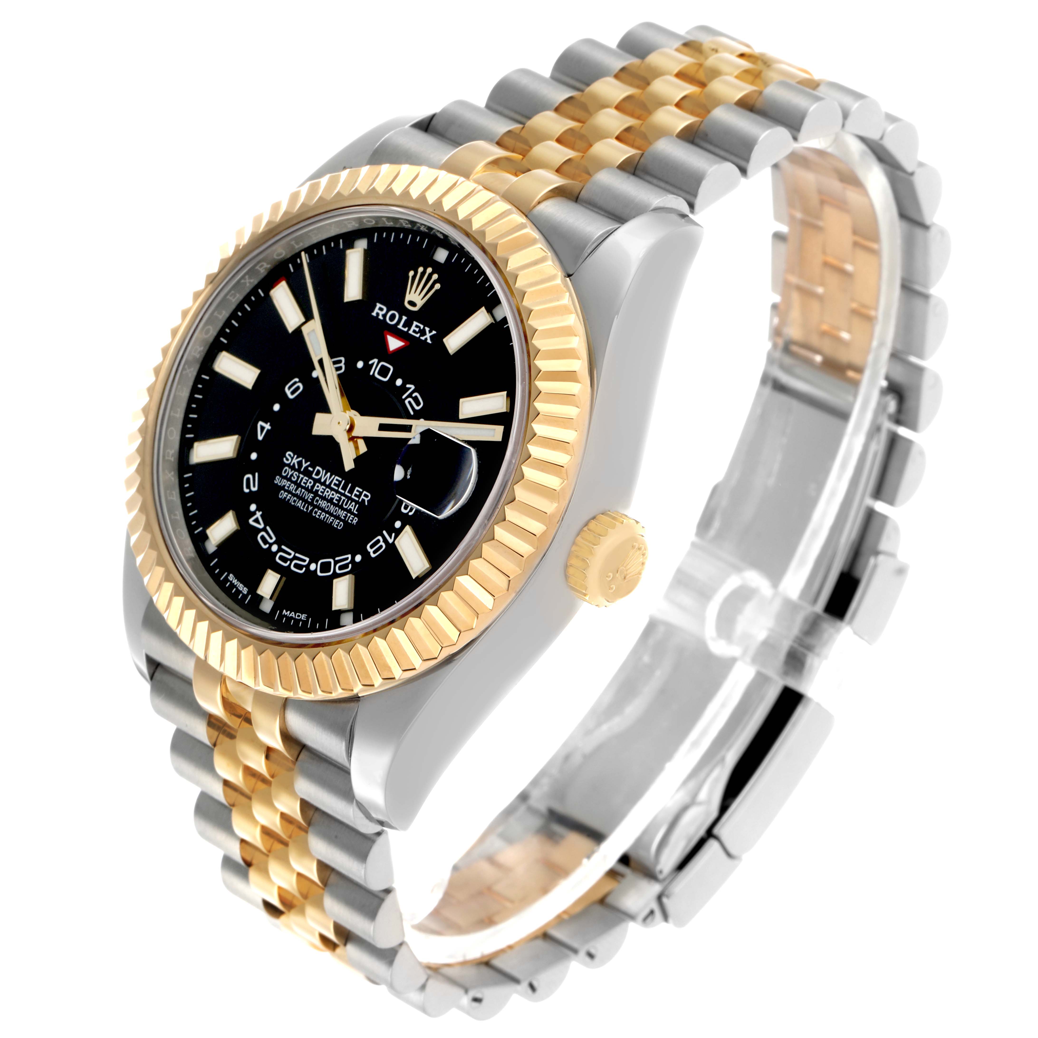 The Rolex Sky-Dweller 326933 Men's Steel and Gold (two tone) Black Dial is angled showing the face, bezel, crown, and two-tone bracelet.