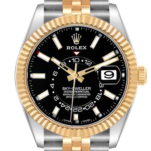 Photo of Rolex Sky Dweller Steel Yellow Gold Black Dial Mens Watch 326933 Box Card