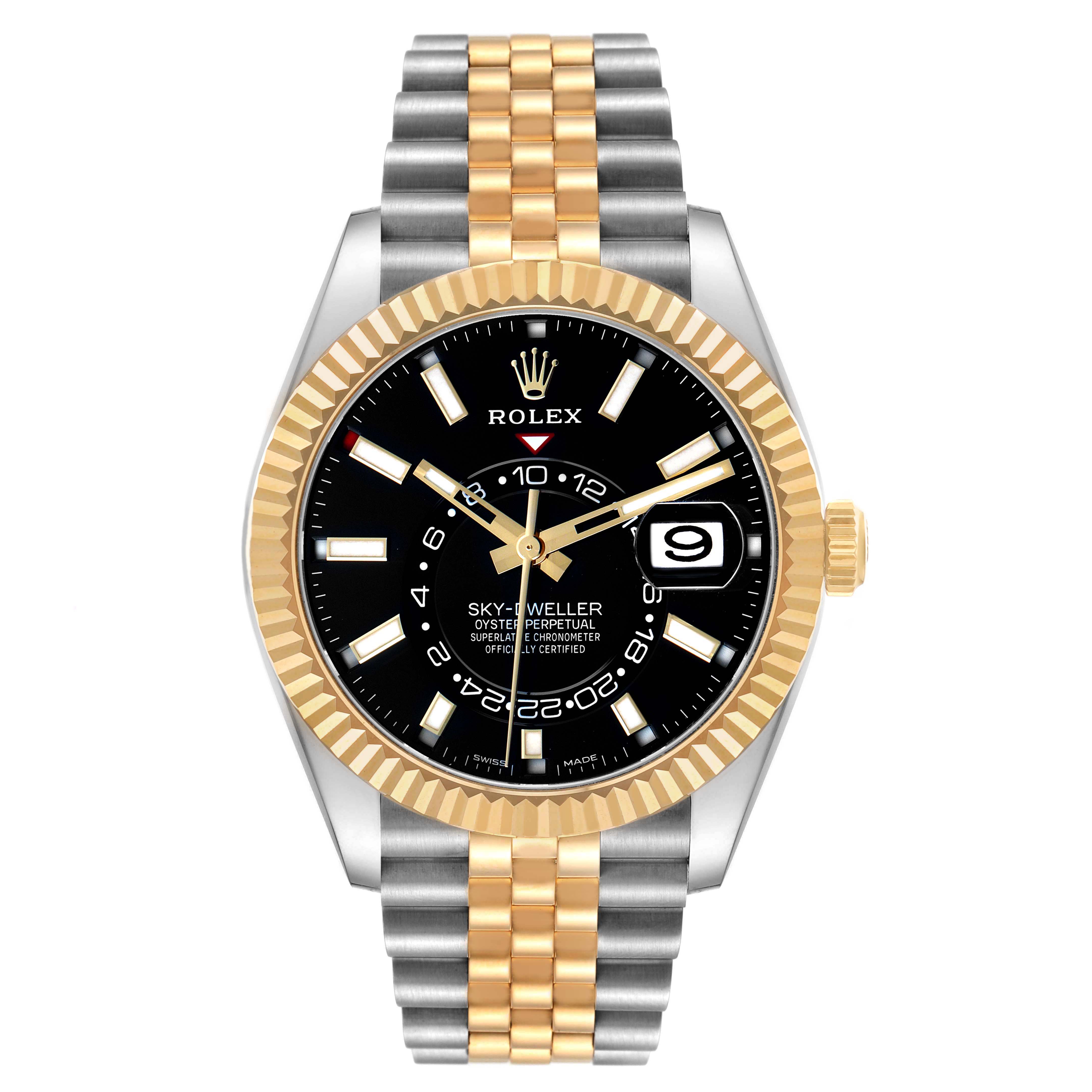 The Rolex Sky-Dweller 326933 Men's Steel and Gold (two tone) Black Dial watch is shown from the front, highlighting the dial, bezel, and two-tone bracelet.