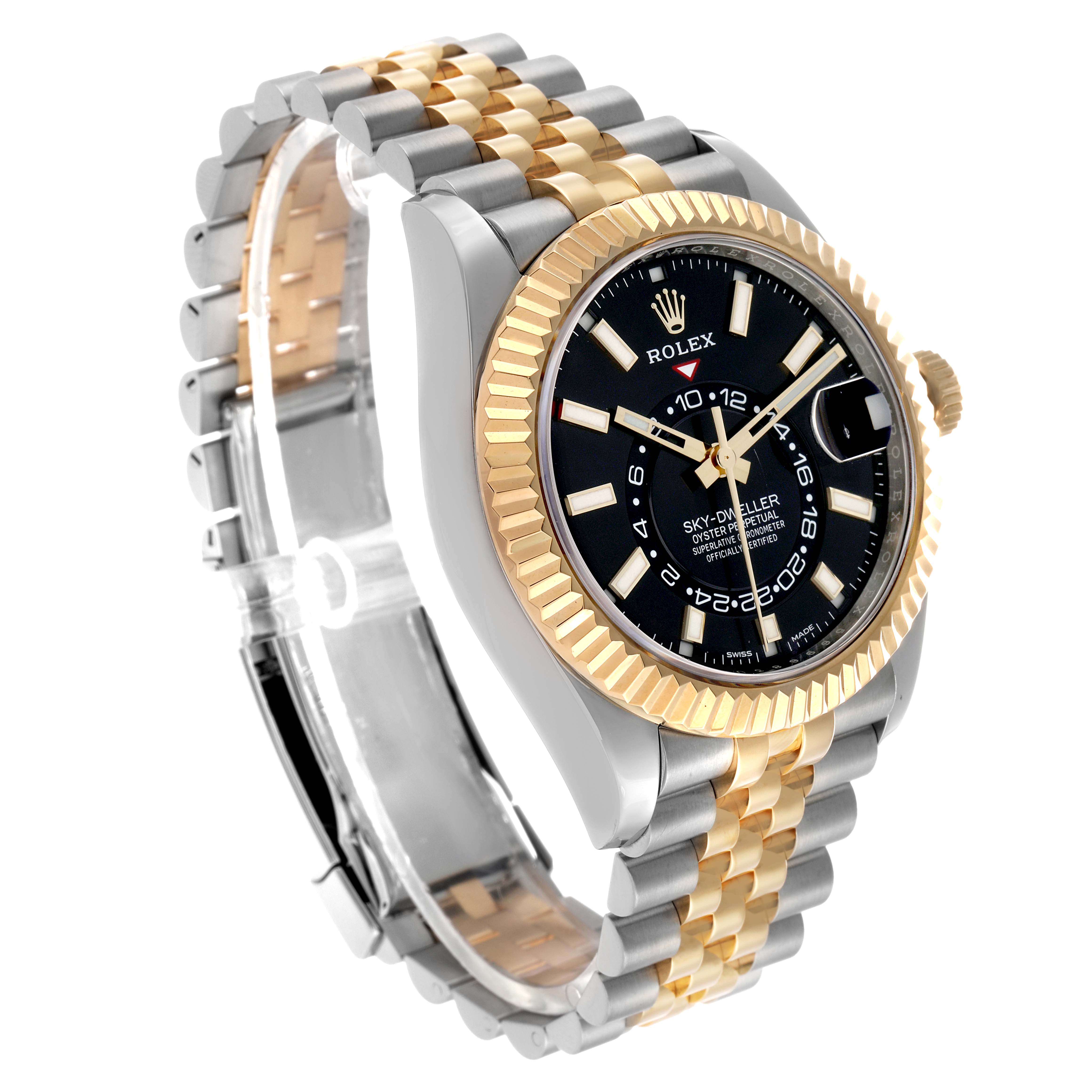 The Rolex Sky-Dweller 326933 Men's Steel and Gold (two tone) Black Dial is shown at a slight side angle, displaying the watch face, bezel, crown, and Jubilee bracelet.