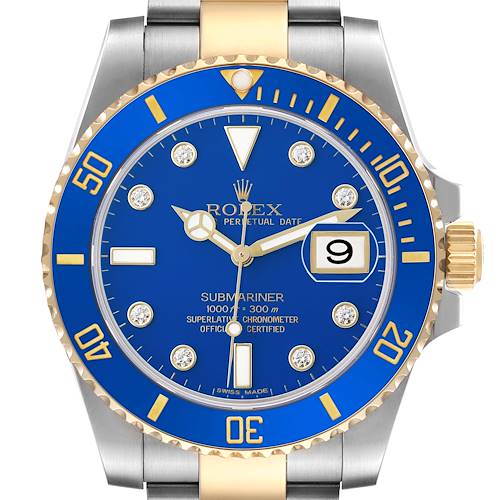 Photo of Rolex Submariner Steel Yellow Gold Blue Diamond Dial Bezel Mens Watch 116613