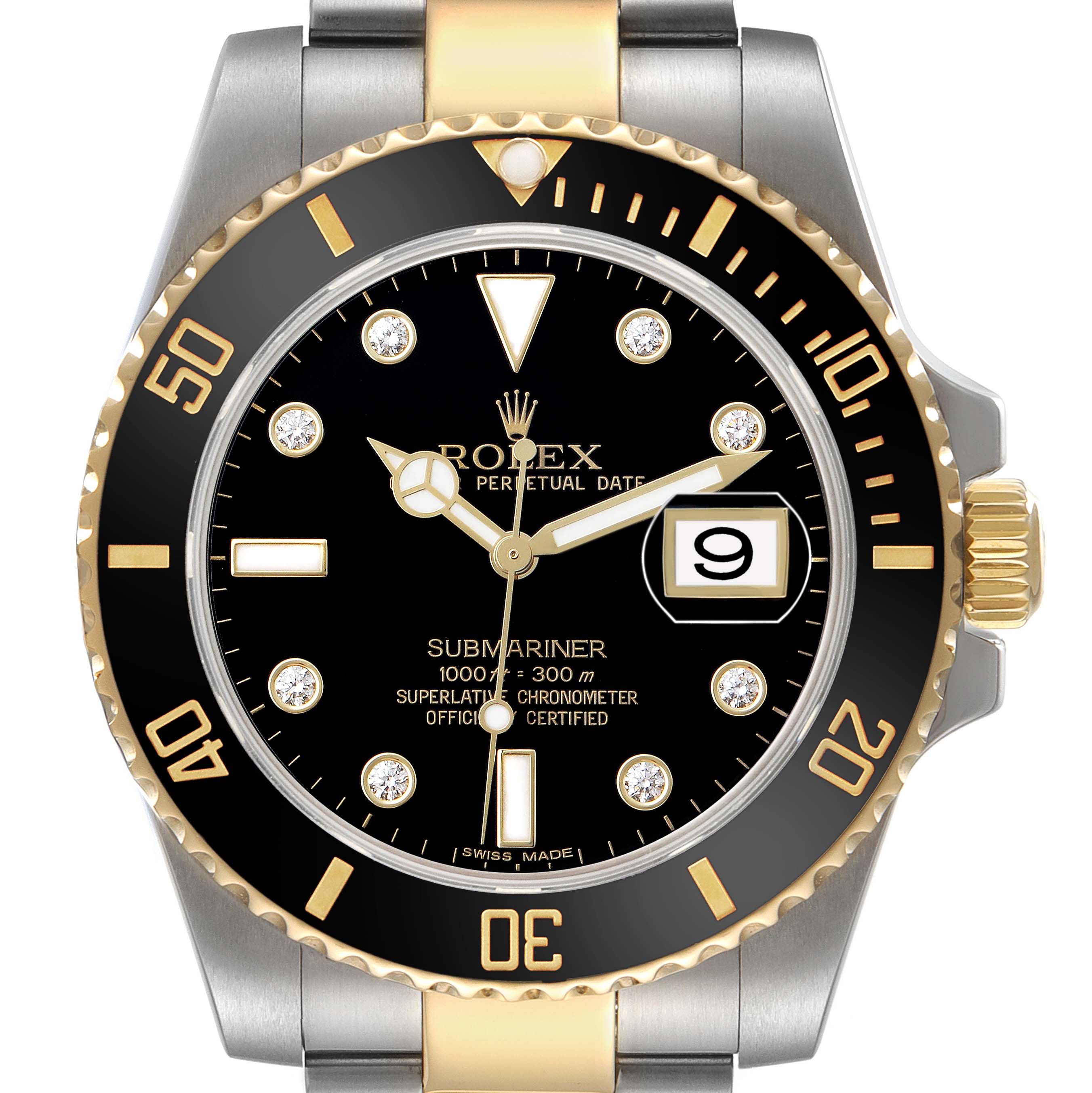 The image shows a frontal view of a Rolex Submariner 116613 Men's Steel and Gold (two tone) Black Dial watch, highlighting the dial, bezel, and part of the bracelet.
