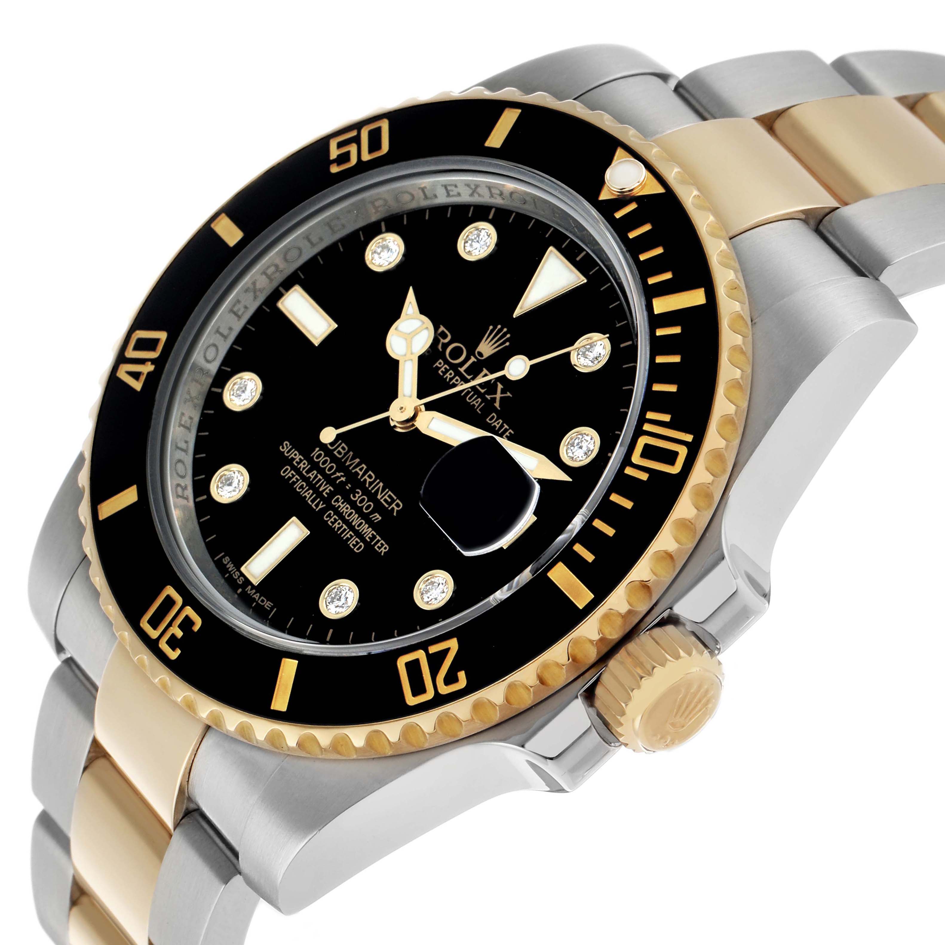 The Rolex Submariner 116613 Men's Steel and Gold (two tone) Black Dial watch is shown at an angle highlighting the dial, bezel, crown, and two-tone bracelet.
