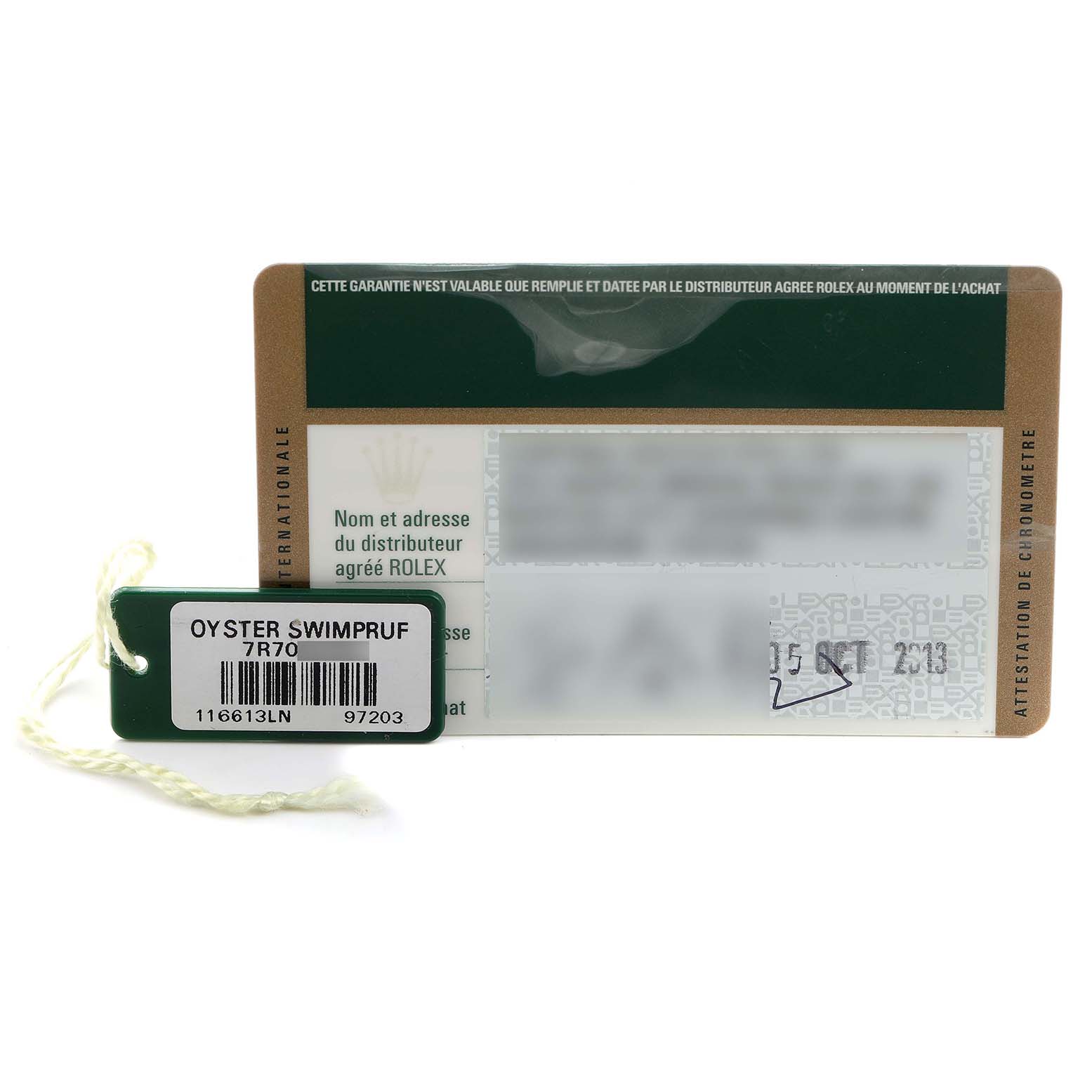 The image shows authentication and warranty cards for a Rolex Submariner 116613 Men's Steel and Gold (two tone) Black Dial and a tag with model details.