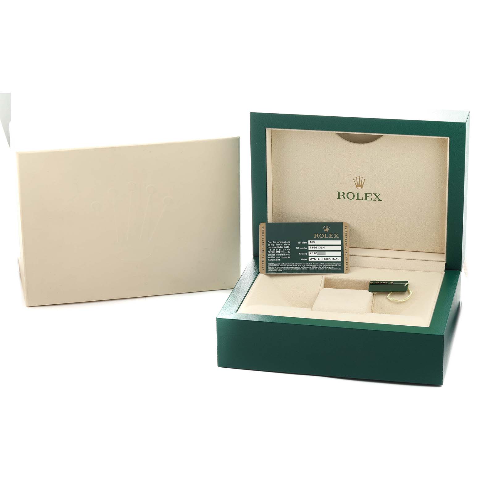 The image shows an open Rolex Submariner 116613 Men's Steel and Gold (two tone) Black Dial box with warranty card and accessories inside, angled from the front.