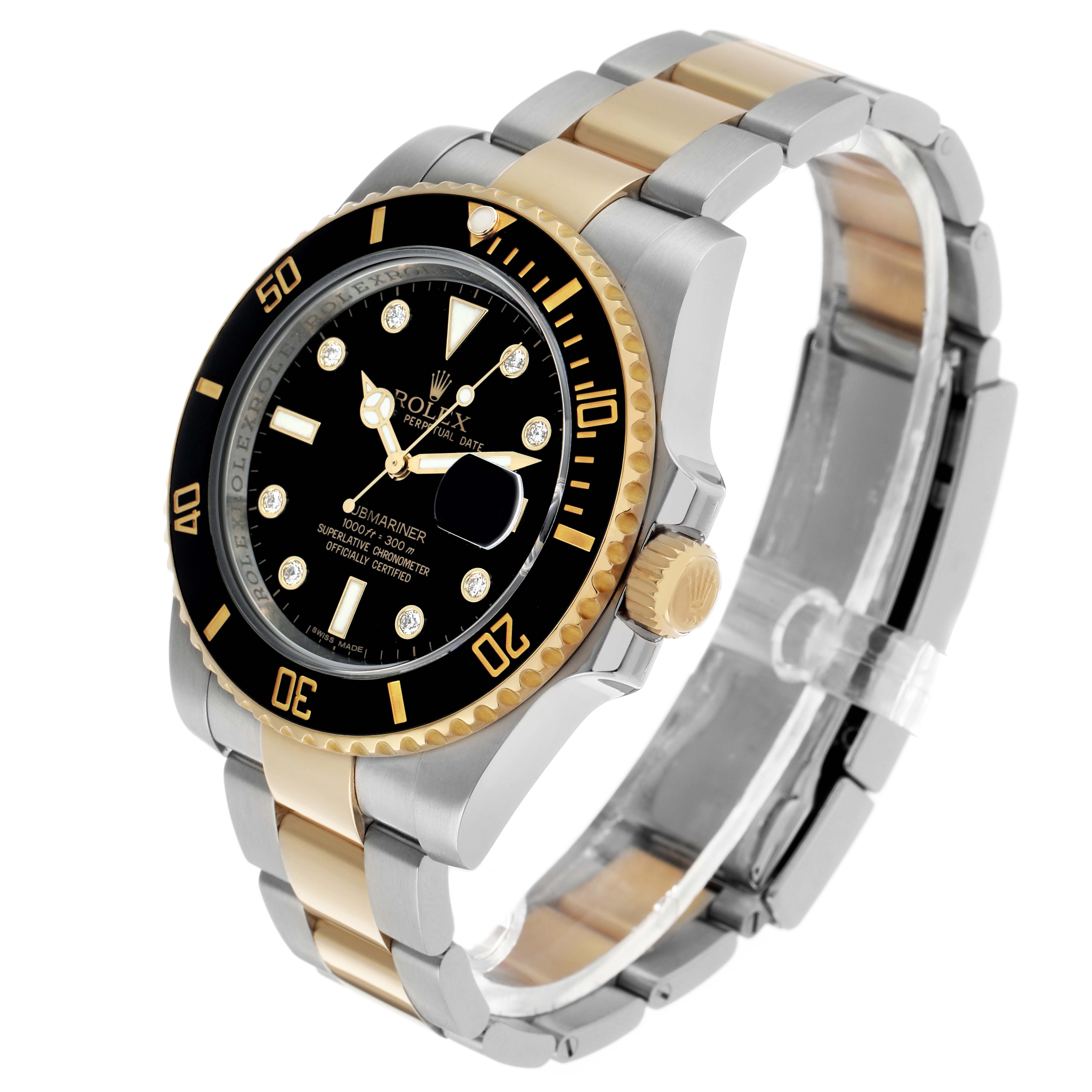 The Rolex Submariner 116613 Men's Steel and Gold (two tone) Black Dial watch is shown at a three-quarter angle, highlighting the bezel, crown, dial, and bracelet.
