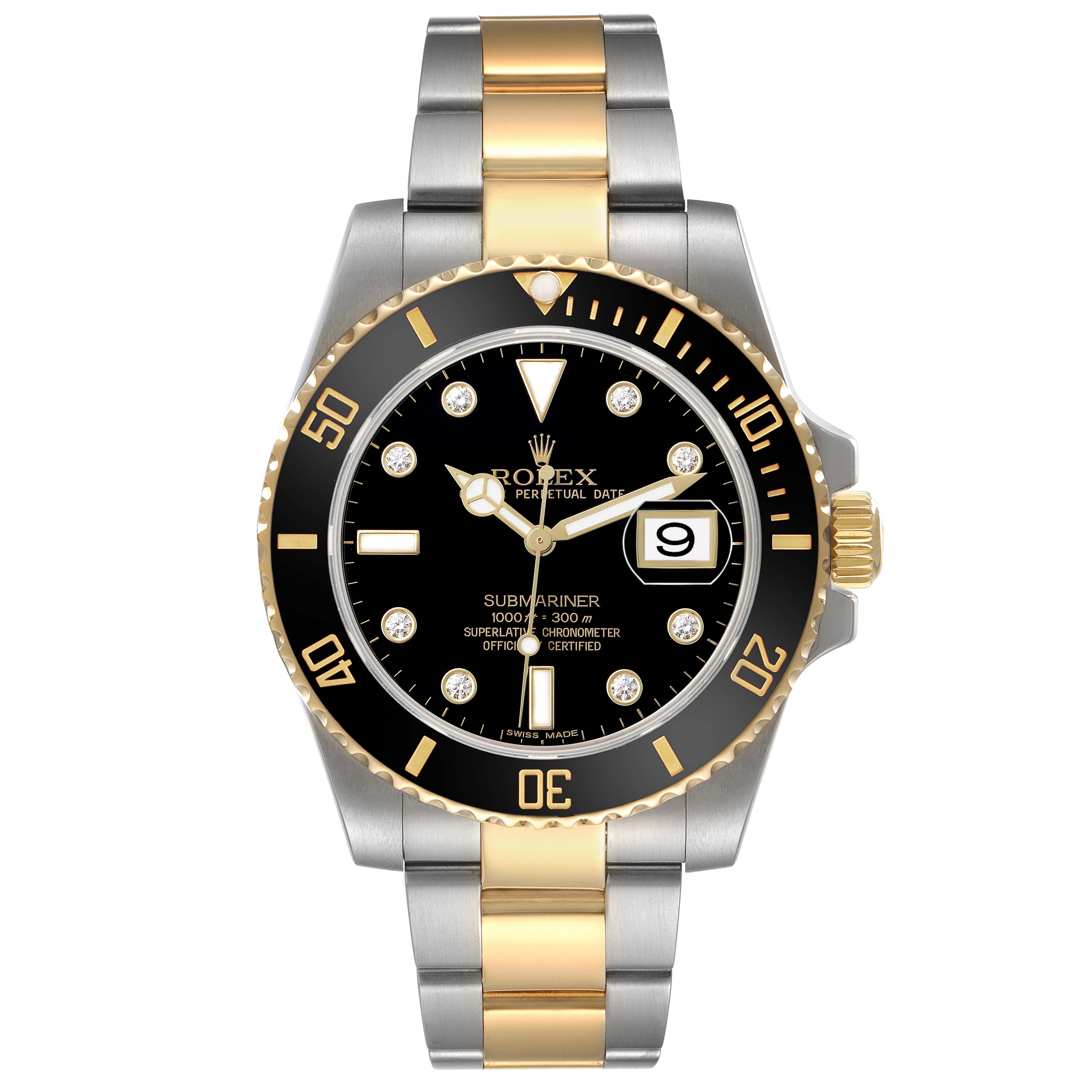 The Rolex Submariner 116613 Men's Steel and Gold (two tone) Black Dial watch is shown from a front angle, highlighting its bezel, dial, and bracelet.