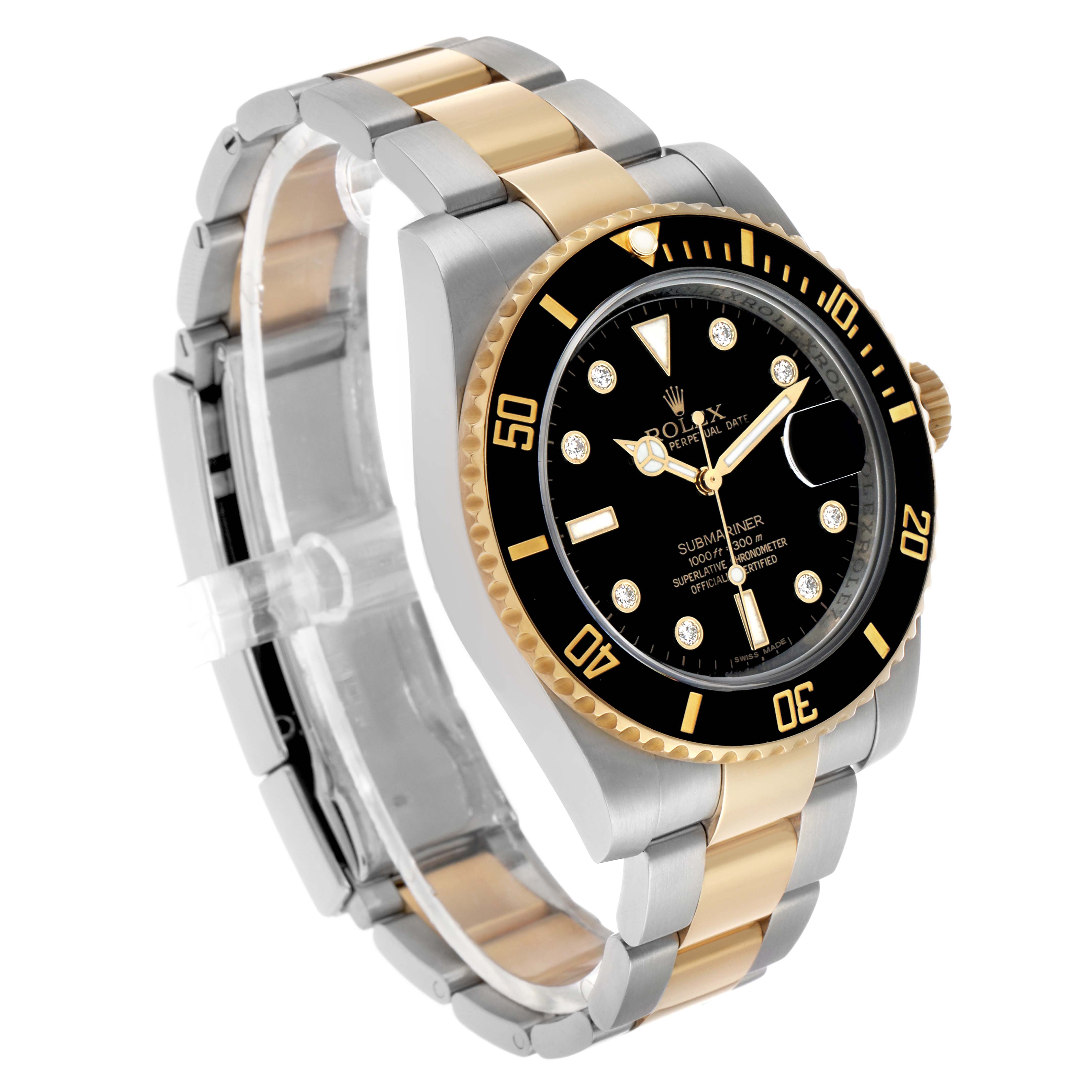 The Rolex Submariner 116613 Men's Steel and Gold (two tone) Black Dial watch is shown at an angle highlighting its black bezel, gold and silver bracelet, and black dial with markers.
