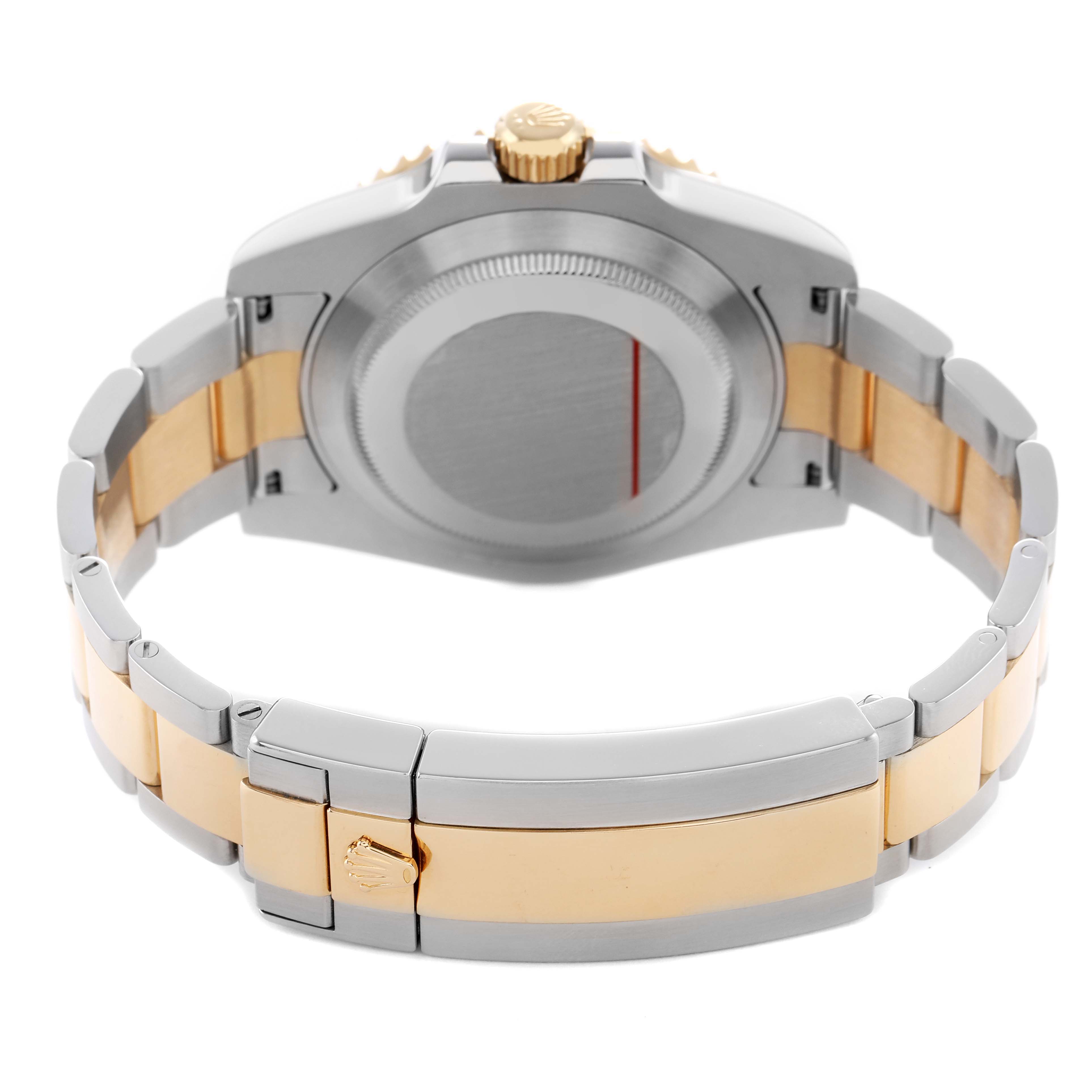 The image shows the back view of the Rolex Submariner 116613 Men's Steel and Gold (two tone) Black Dial watch, highlighting its bracelet and clasp.